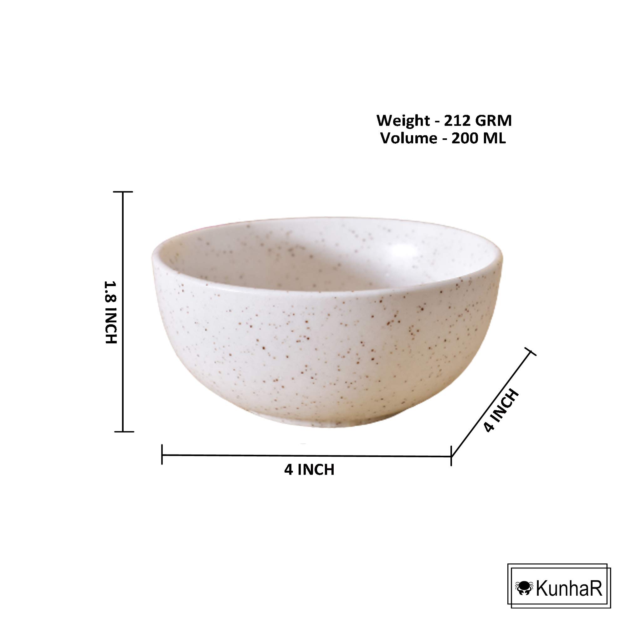 Kunhar Ceramic Matt Finish Dessert Bowl - 200 Ml, 6 Pieces, White Matt