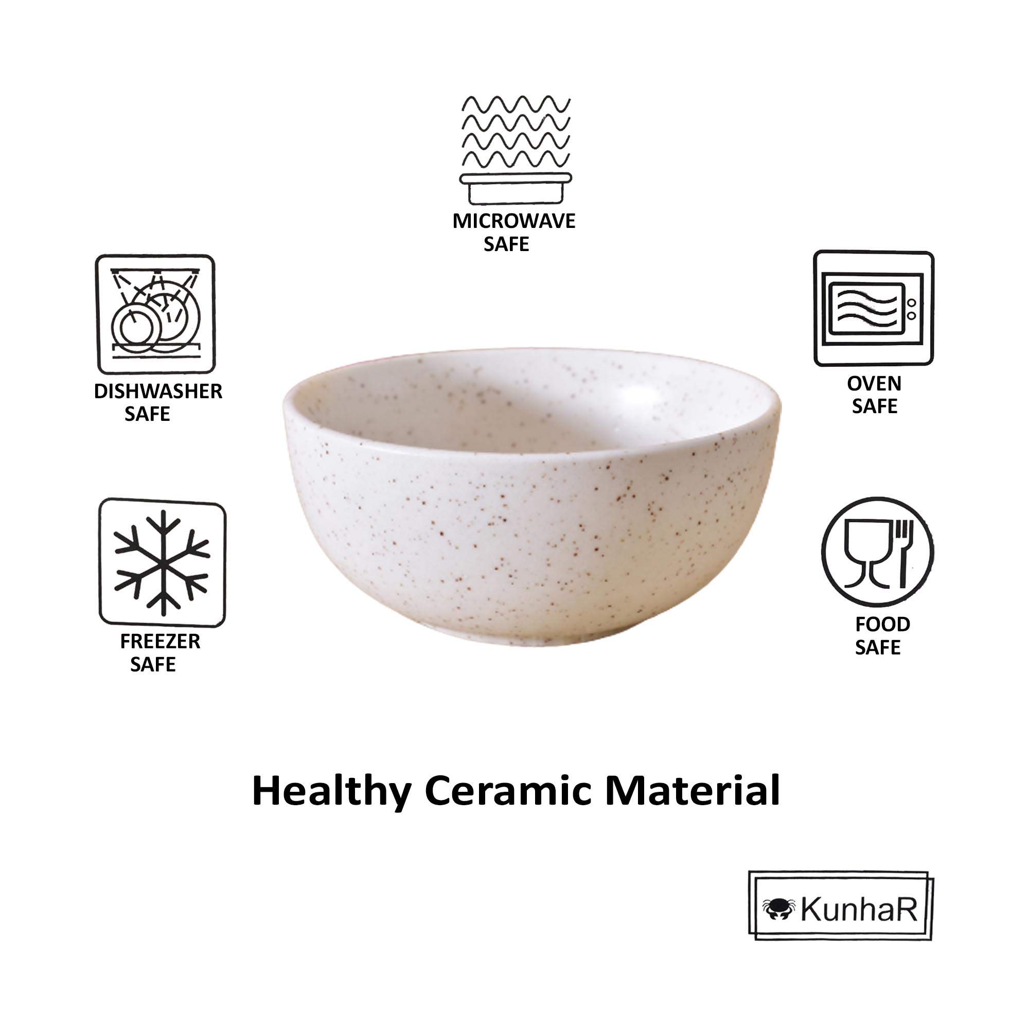 Kunhar Ceramic Matt Finish Dessert Bowl - 200 Ml, 6 Pieces, White Matt