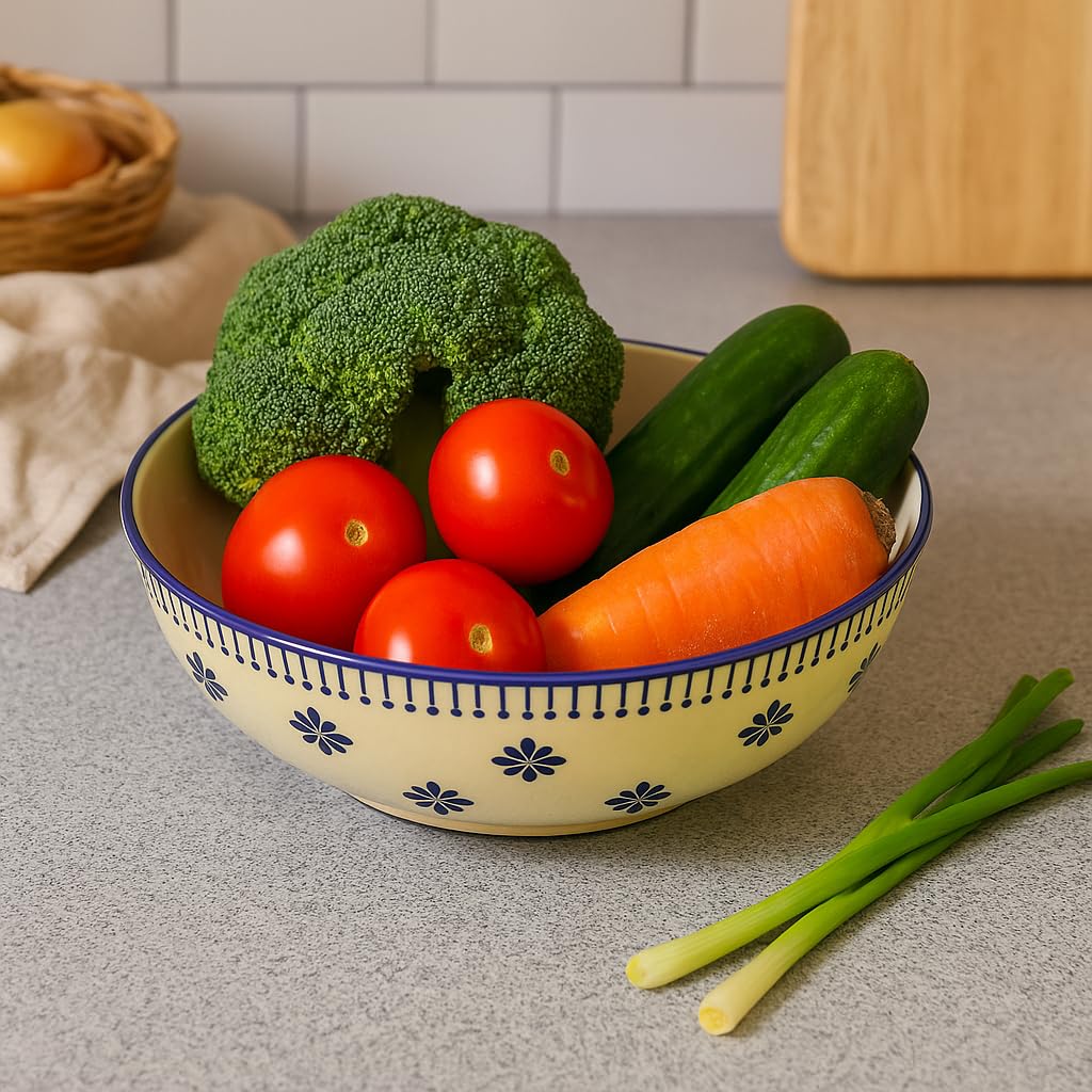 Kunhar Ceramic Serving Bowl, Fruit Bowl for Dinning Table (White Blue Flower, 2 Liter) - 1 Piece
