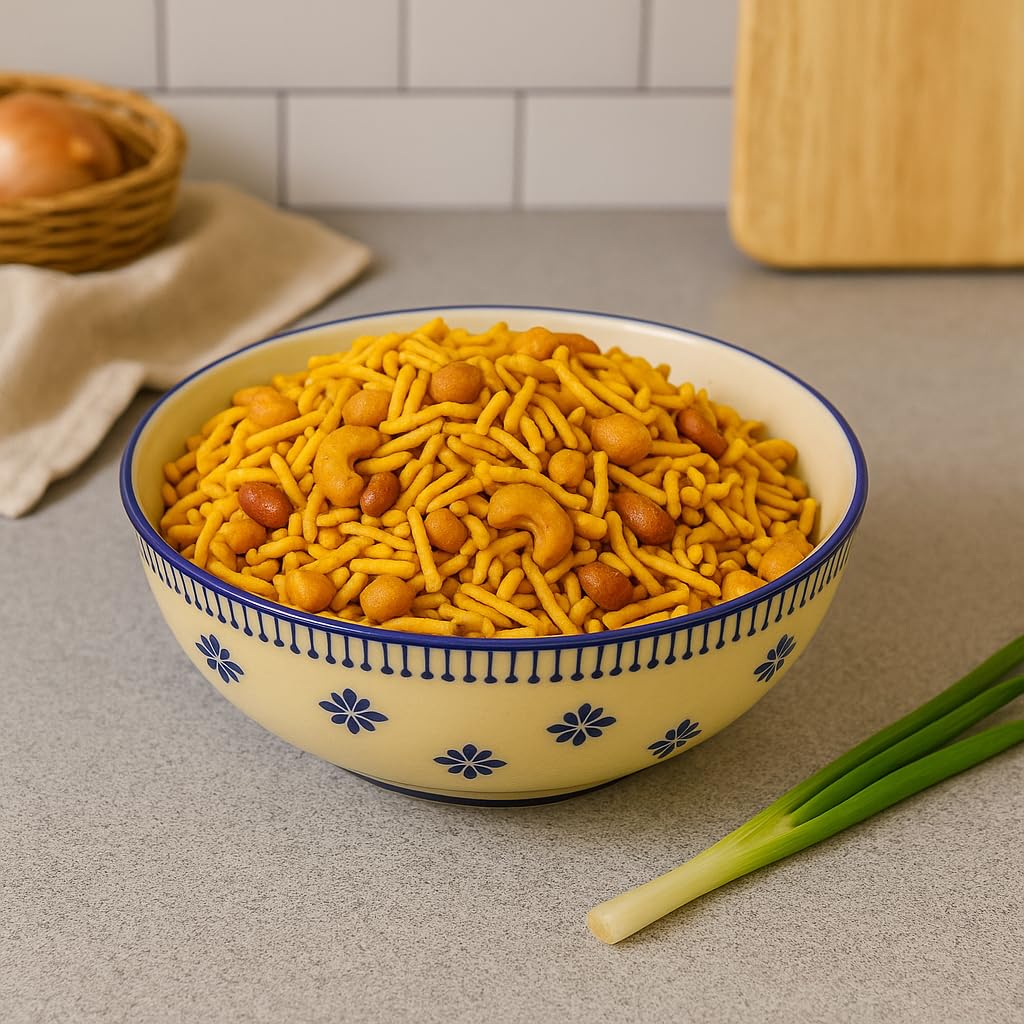 Kunhar Ceramic Serving Bowl, Fruit Bowl for Dinning Table (White Blue Flower, 2 Liter) - 1 Piece