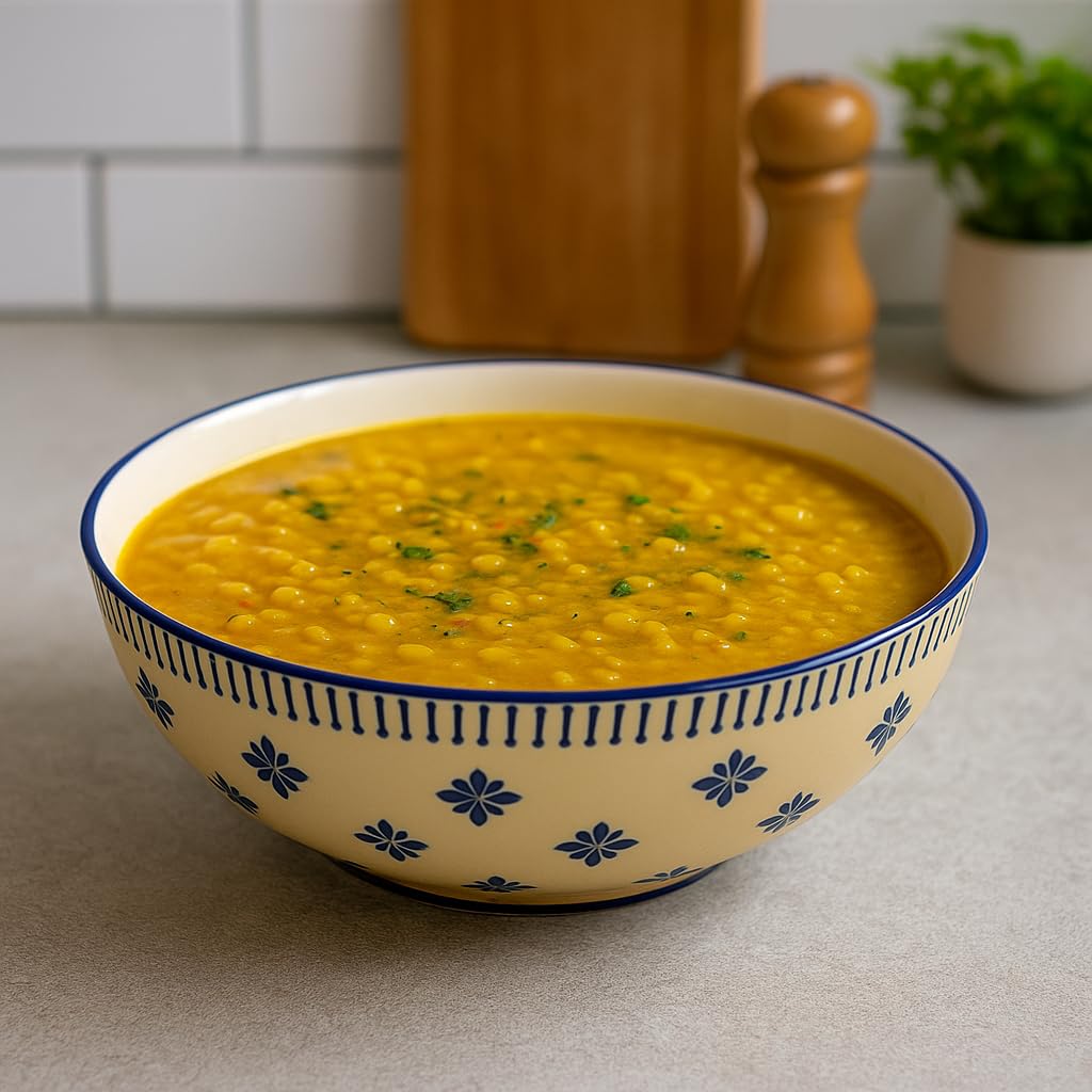 Kunhar Ceramic Serving Bowl, Fruit Bowl for Dinning Table (White Blue Flower, 2 Liter) - 1 Piece