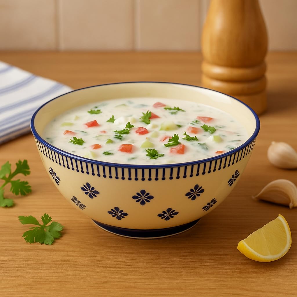 Kunhar Ceramic Serving Bowl, Fruit Bowl for Dinning Table (White Blue Flower, 2 Liter) - 1 Piece