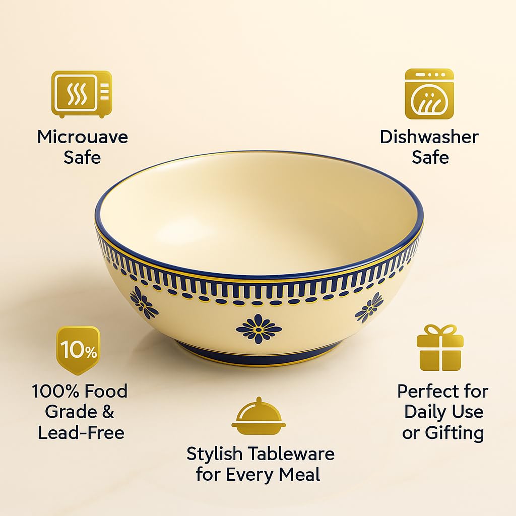 Kunhar Ceramic Serving Bowl, Fruit Bowl for Dinning Table (White Blue Flower, 2 Liter) - 1 Piece