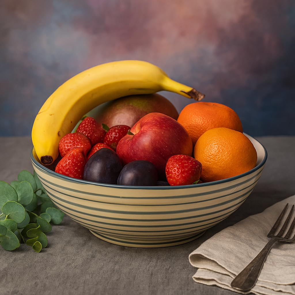 Kunhar Ceramic Serving Bowl, Fruit Bowl for Dinning Table (White Grey Ring, 2 Liter) - 1 Piece