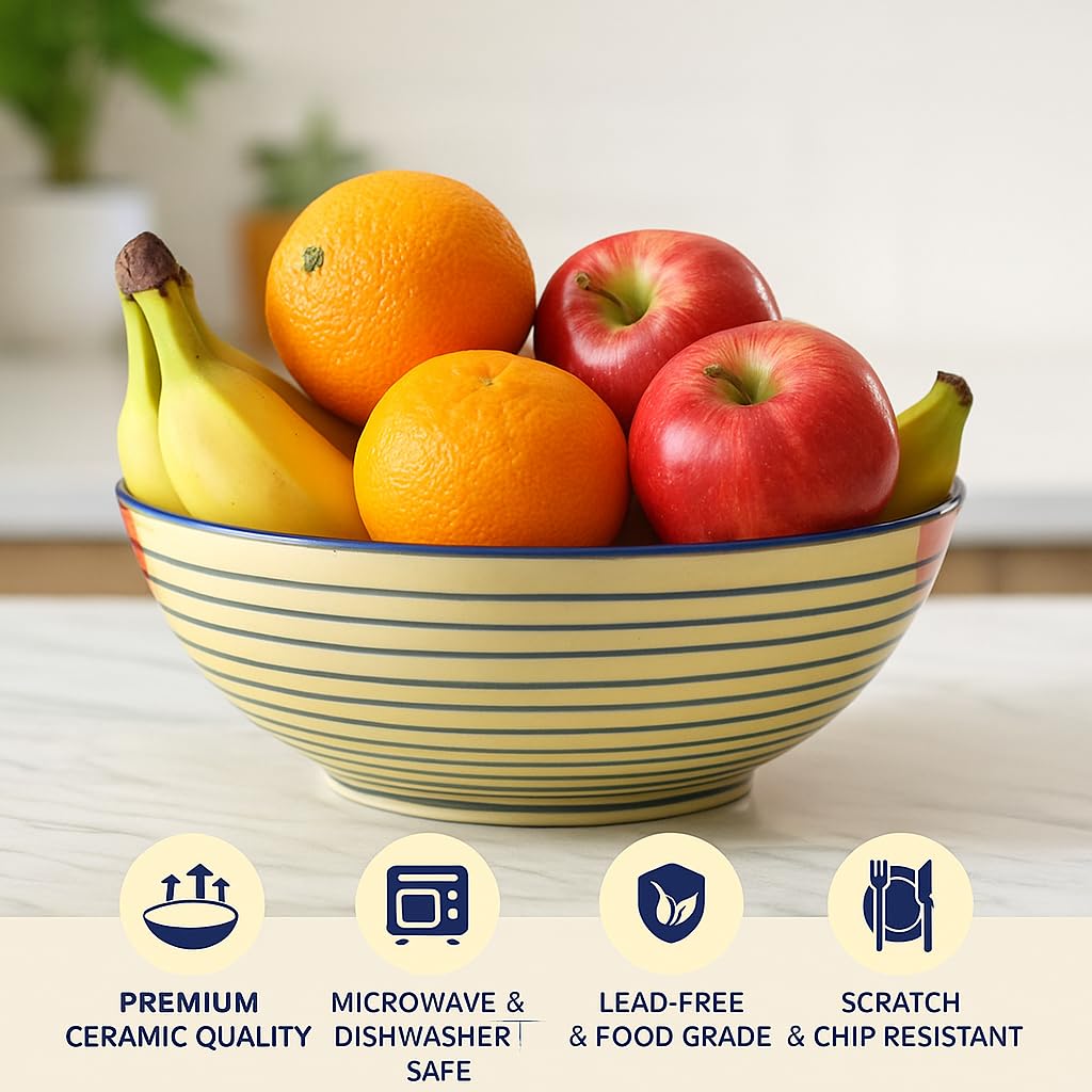 Kunhar Ceramic Serving Bowl, Fruit Bowl for Dinning Table (White Grey Ring, 2 Liter) - 1 Piece