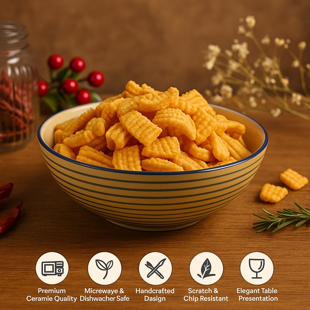 Kunhar Ceramic Serving Bowl, Fruit Bowl for Dinning Table (White Grey Ring, 2 Liter) - 1 Piece