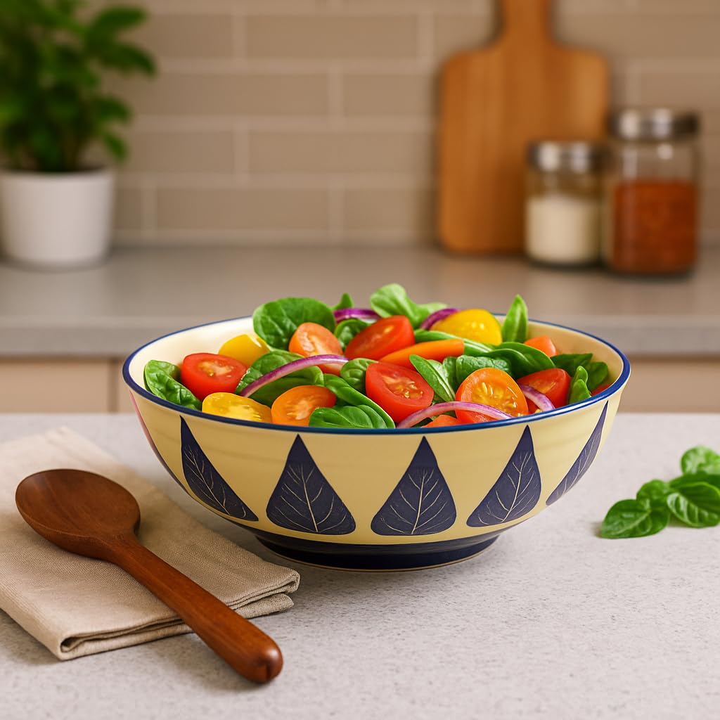 Kunhar Ceramic Serving Bowl, Fruit Bowl for Dinning Table (White Blue Leaf, 2 Liter) - 1 Piece