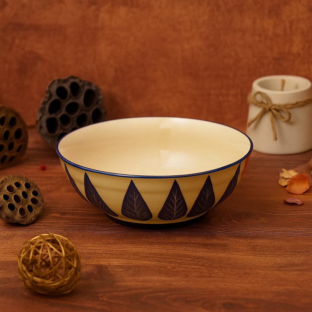 Kunhar Ceramic Serving Bowl, Fruit Bowl for Dinning Table (White Blue Leaf, 2 Liter) - 1 Piece