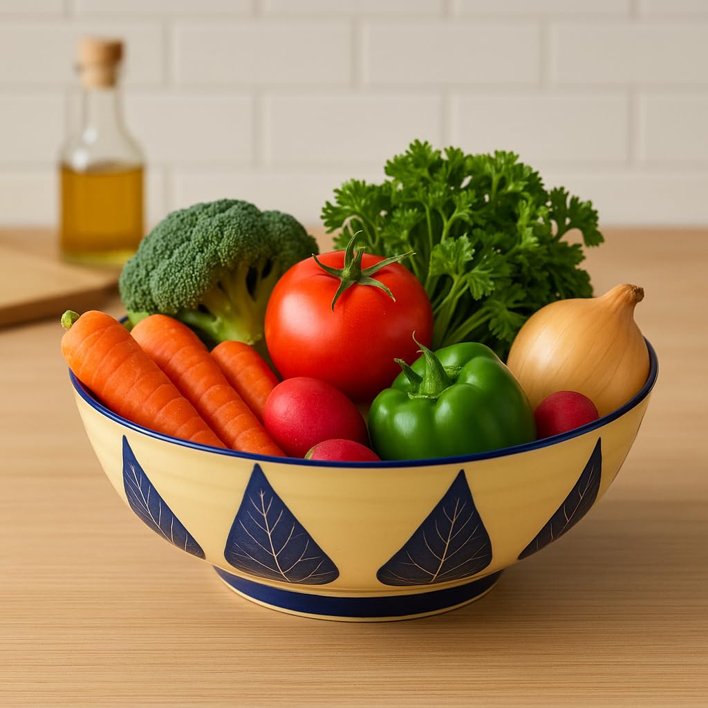 Kunhar Ceramic Serving Bowl, Fruit Bowl for Dinning Table (White Blue Leaf, 2 Liter) - 1 Piece