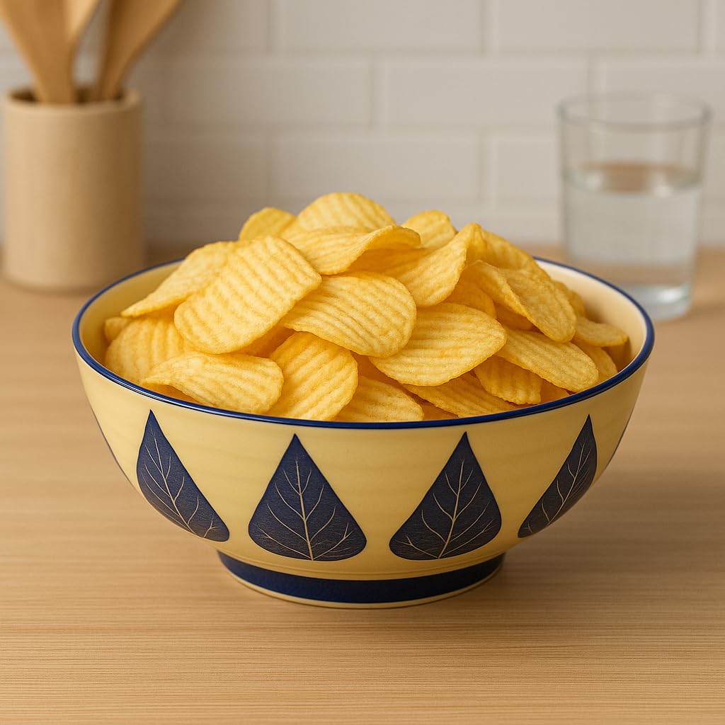 Kunhar Ceramic Serving Bowl, Fruit Bowl for Dinning Table (White Blue Leaf, 2 Liter) - 1 Piece