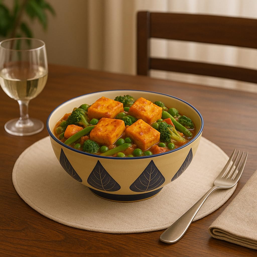 Kunhar Ceramic Serving Bowl, Fruit Bowl for Dinning Table (White Blue Leaf, 2 Liter) - 1 Piece