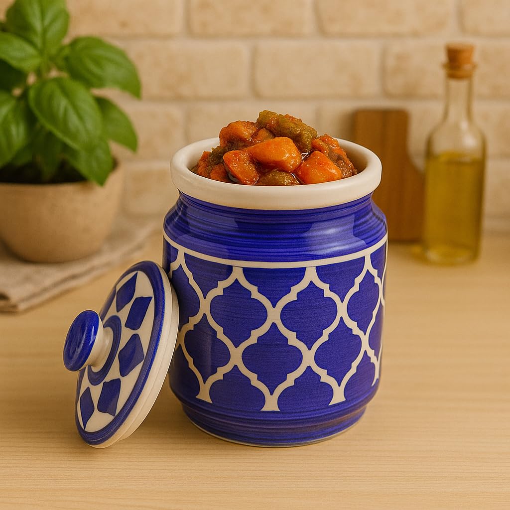 Kunhar Ceramic Barni Blue 1000ml Set of 2 with Lid | Handcrafted Pickle Jar | Storage Jar for Spices, Chutney, Achar, Salt, Sugar