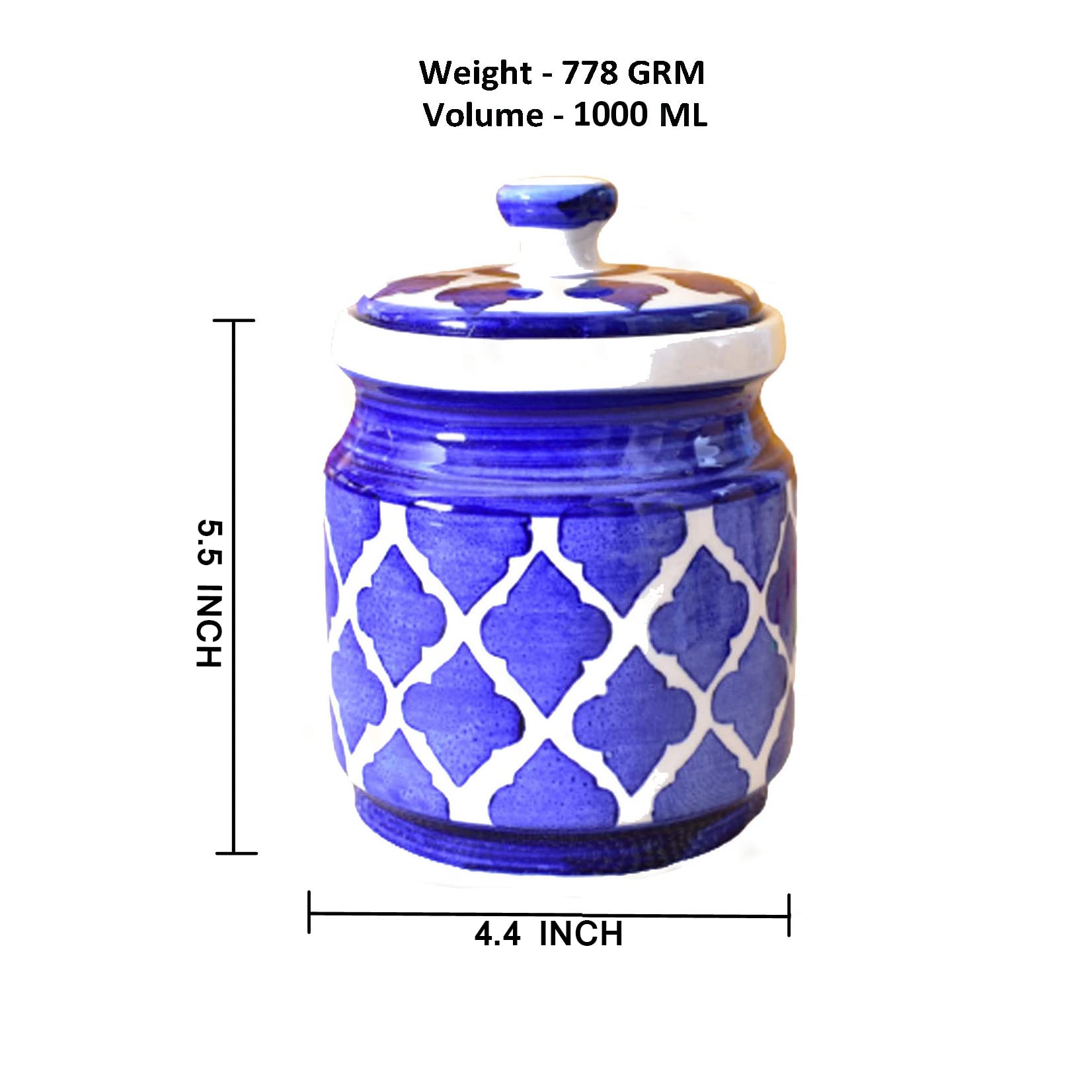 Kunhar Ceramic Barni Blue 1000ml Set of 2 with Lid | Handcrafted Pickle Jar | Storage Jar for Spices, Chutney, Achar, Salt, Sugar