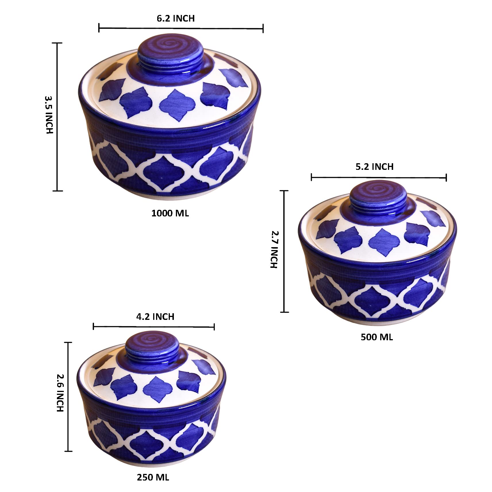 Kunhar Ceramic Donga, Ceramic Serving Donga, 1000 Ml, 500 Ml and 250 Ml, 3 Pieces, Blue Chidi