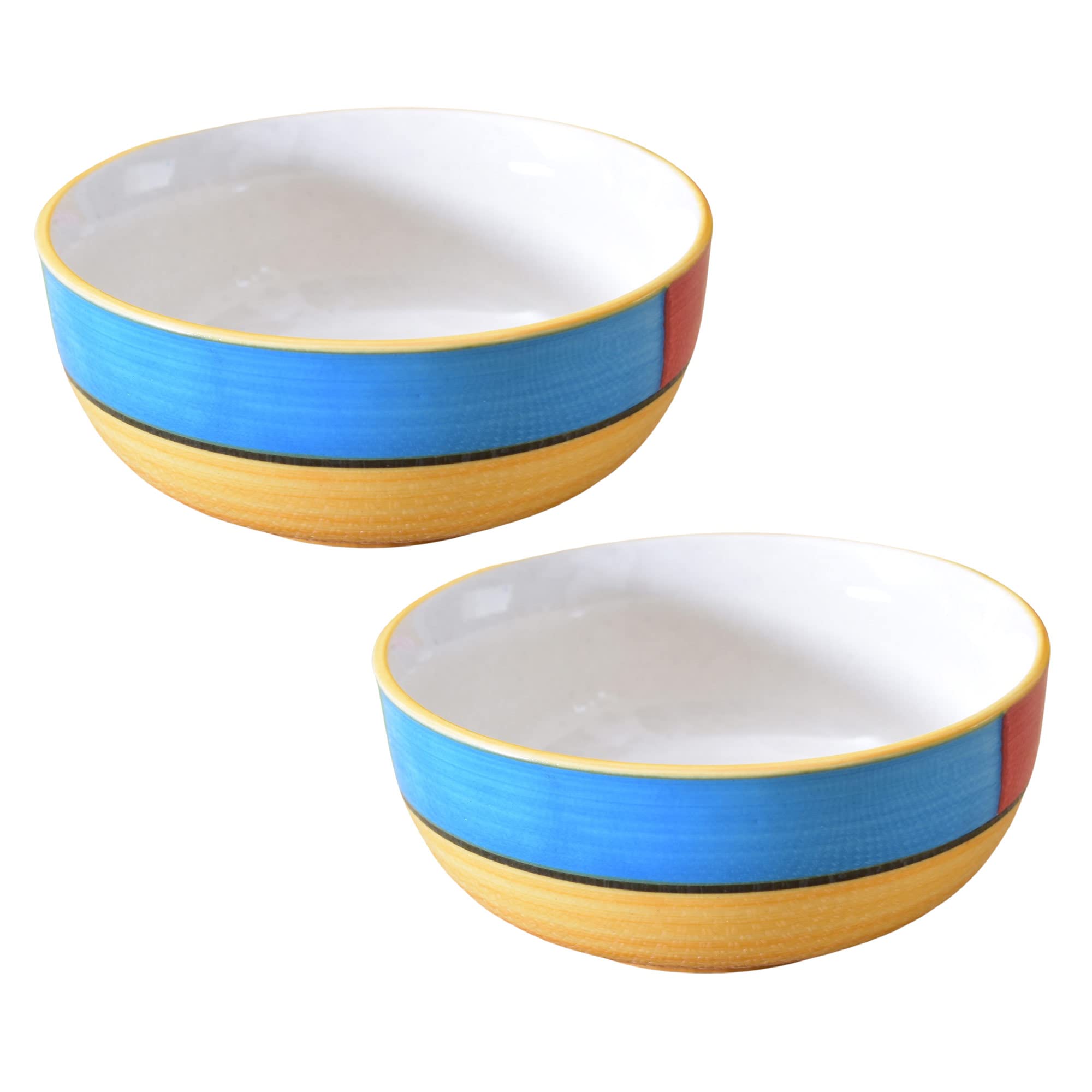 Kunhar Ceramic Mixing Bowls, Microwave Safe Bowl for Kitchen, Freezer & Dishwasher, Ideal for Snacks, Rice, Salad, and Noodles - 600 ML, 2 Pieces, Yellow Blue