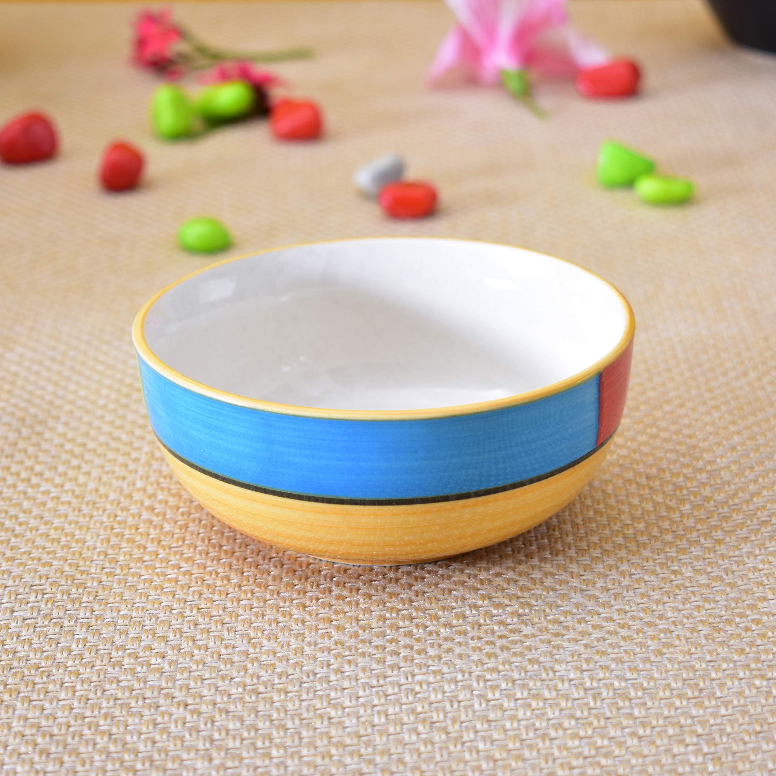 Kunhar Ceramic Mixing Bowls, Microwave Safe Bowl for Kitchen, Freezer & Dishwasher, Ideal for Snacks, Rice, Salad, and Noodles - 600 ML, 2 Pieces, Yellow Blue