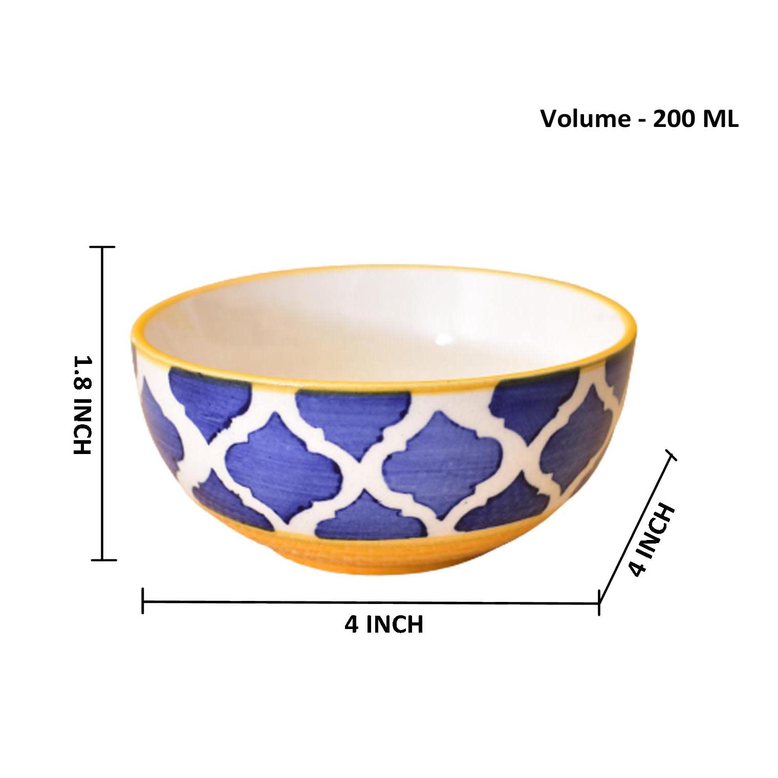 Kunhar Ceramic Hand Painted Dessert Bowls - 200 Ml, 4 Pieces, Yellow