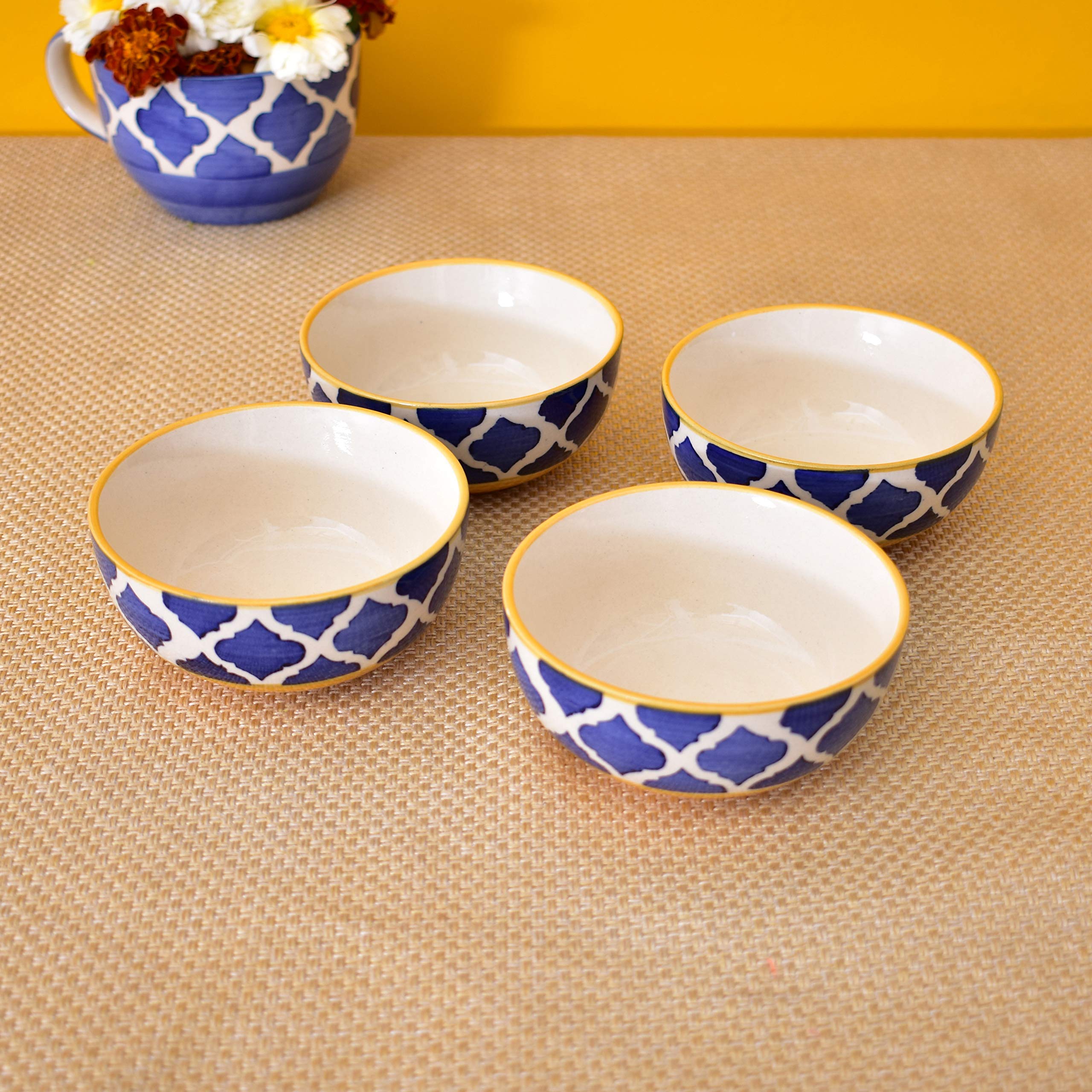 Kunhar Ceramic Hand Painted Dessert Bowls - 200 Ml, 4 Pieces, Yellow