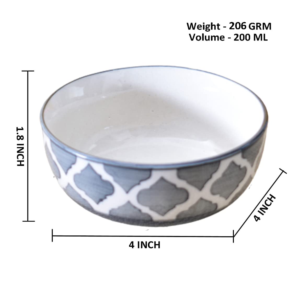 Kunhar Ceramic Hand Painted Dessert Bowls - 200 Ml, 4 Pieces, Grey