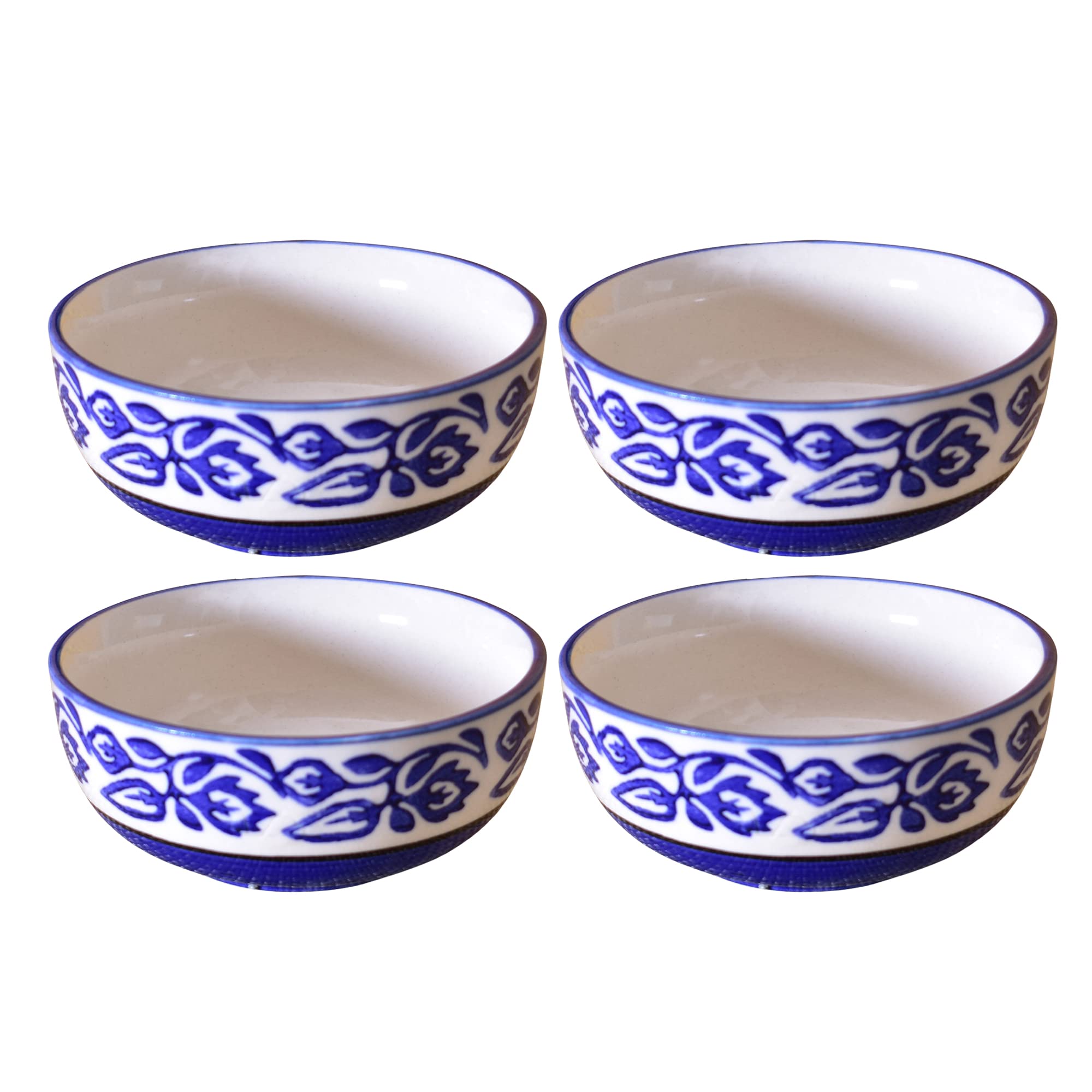 Kunhar Ceramic Hand Painted Dessert Bowls - 200 Ml, 4 Pieces, Blue Vine
