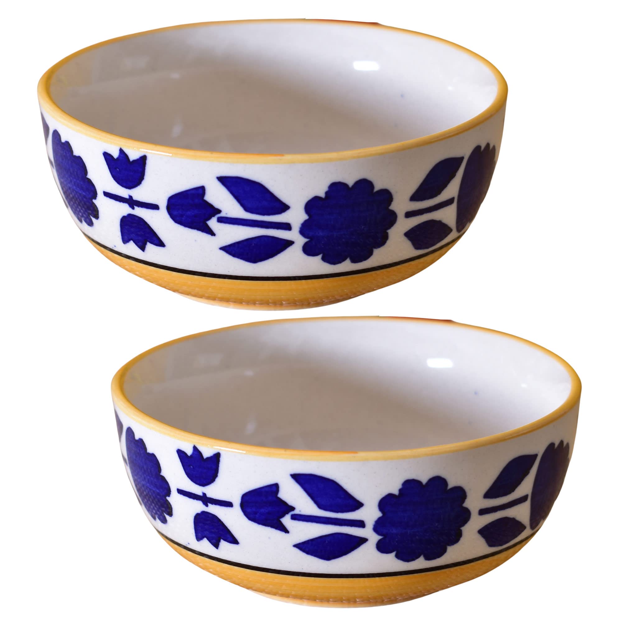 Kunhar Ceramic Mixing Bowls, Microwave Safe Bowl for Kitchen, Freezer & Dishwasher, Ideal for Snacks, Rice, Salad, and Noodles - 800 ML, 2 Pieces, Yellow Blue Flower