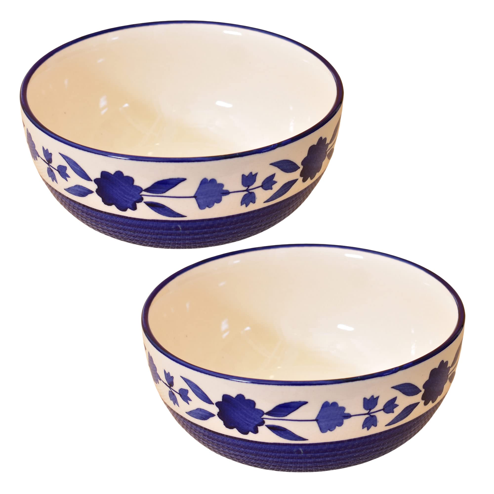 Kunhar Ceramic Mixing Bowls, Microwave Safe Bowl for Kitchen, Freezer & Dishwasher, Ideal for Snacks, Rice, Salad, and Noodles - 800 ML, 2 Pieces, Blue Flower