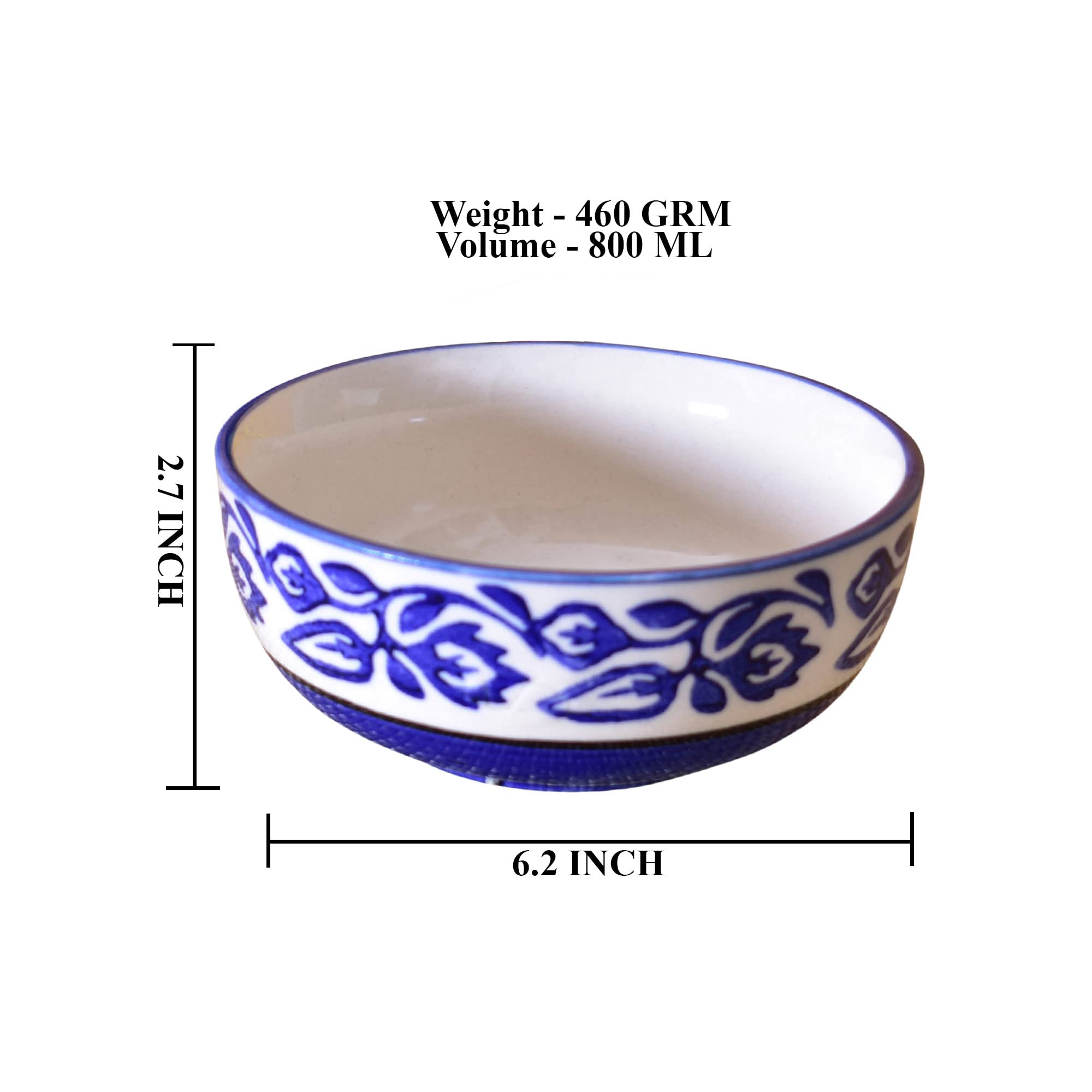 Kunhar Ceramic Mixing Bowls, Microwave Safe Bowl for Kitchen, Freezer & Dishwasher, Ideal for Snacks, Rice, Salad, and Noodles - 800 ML, 2 Pieces, Blue Vine