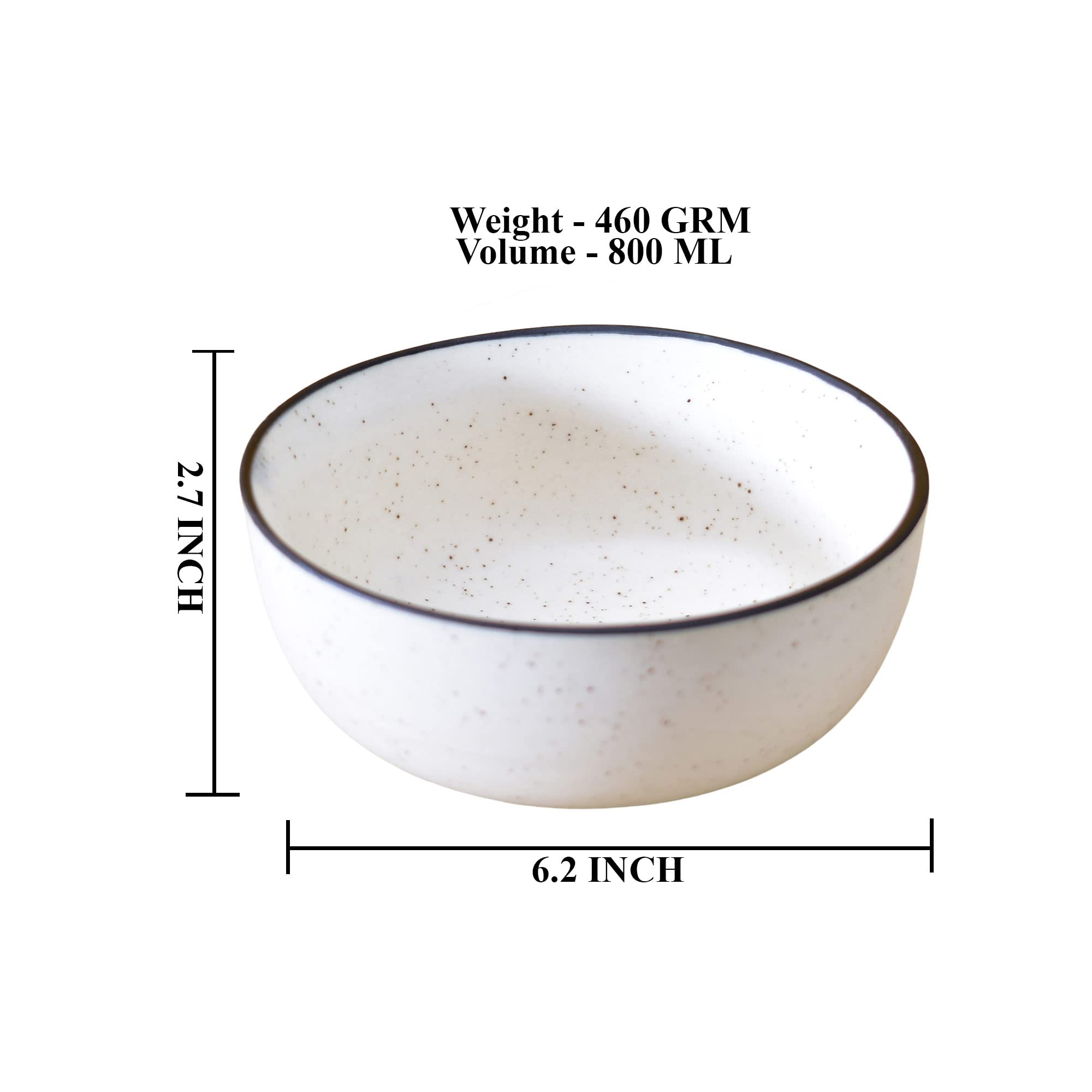 Kunhar Ceramic Mixing Bowls, Microwave Safe Bowl for Kitchen, Freezer & Dishwasher, Ideal for Snacks, Rice, Salad, and Noodles - 800 ML, 2 Pieces, White Matt Black Border