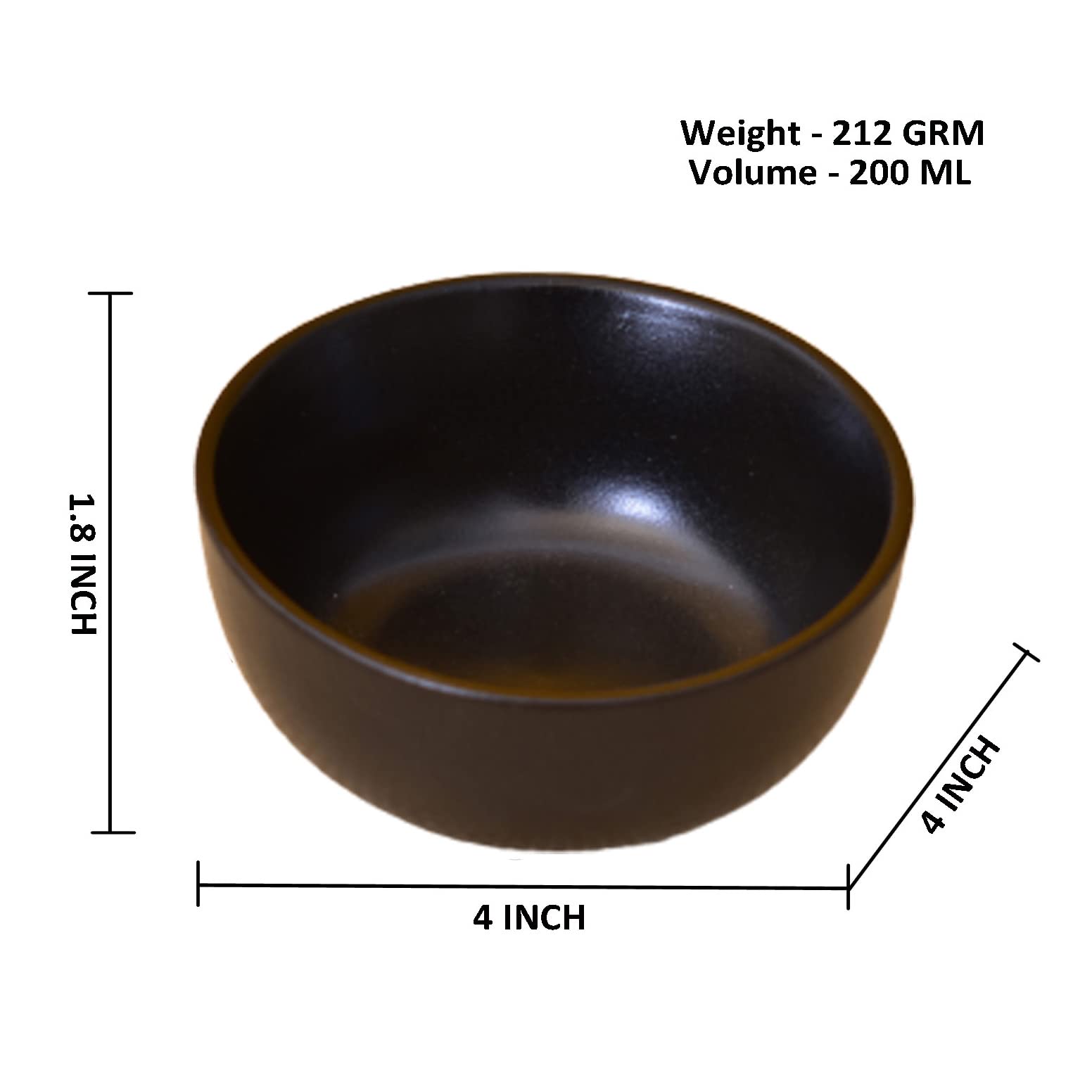 KunhaR Ceramic Matt Finish Dessert Bowl - 200 Ml, 4 Pieces, Black