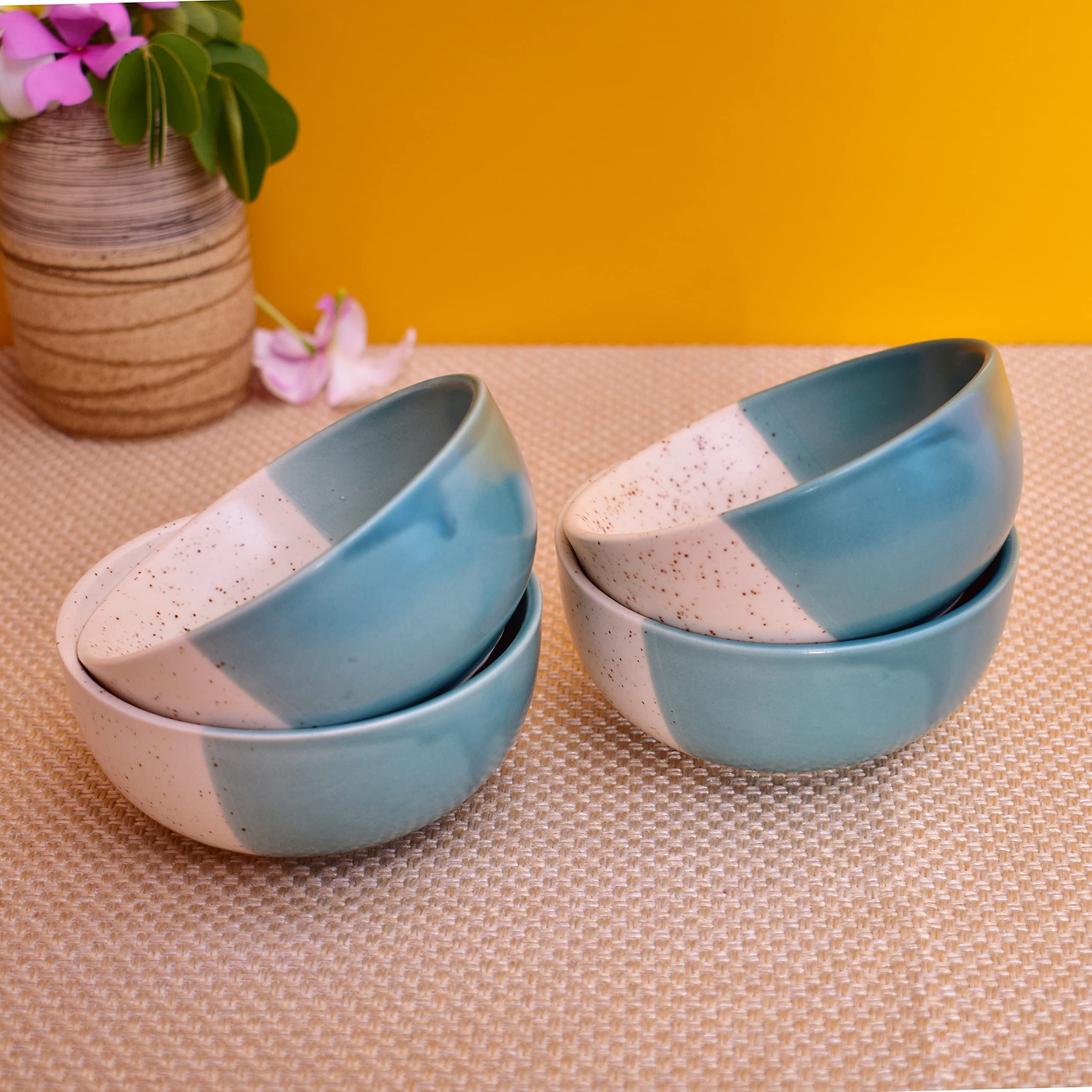 Kunhar Ceramic Dessert Bowls - 200 ML, 4 Pieces, White Dusty Blue