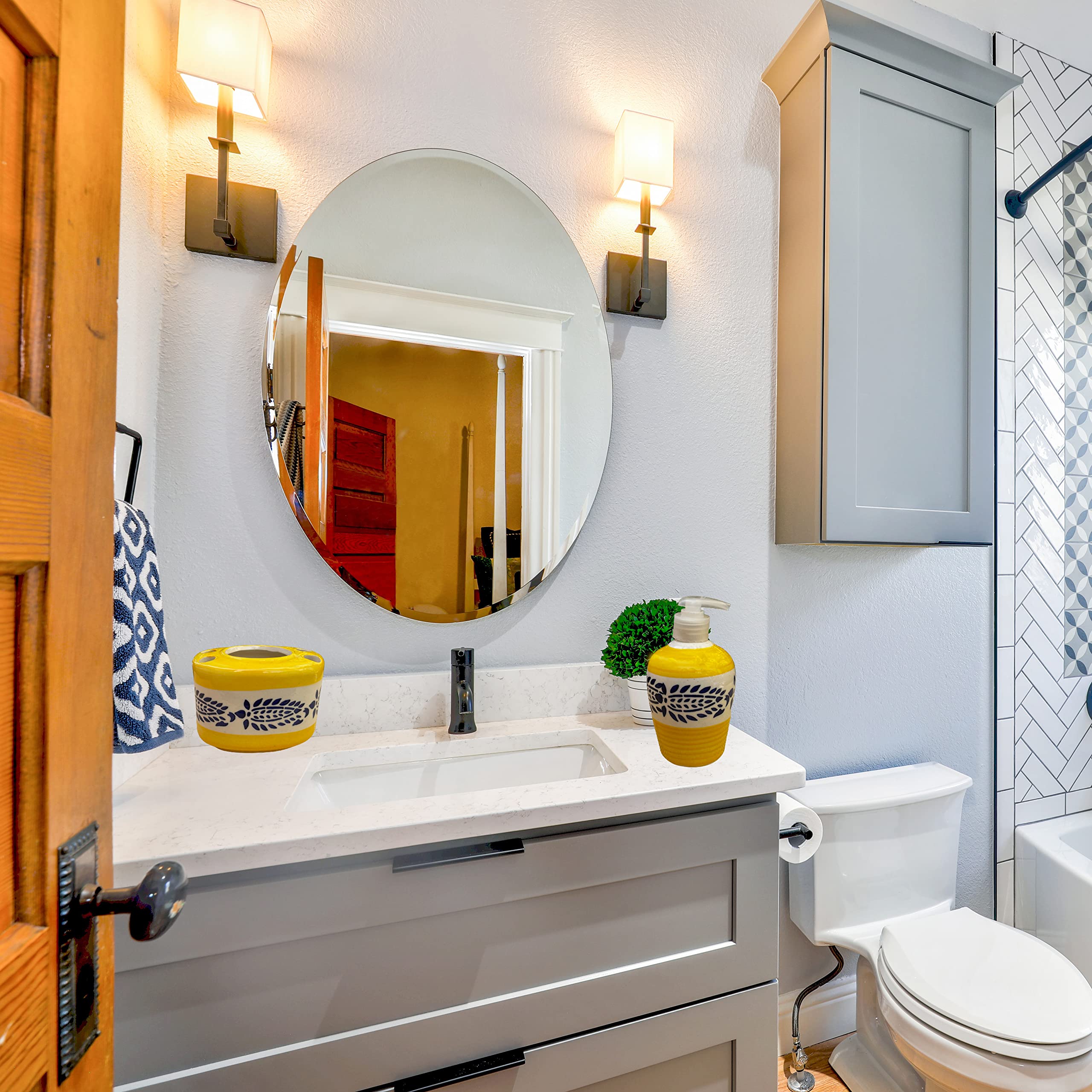 KunhaR Ceramic 2-Piece Bathroom Accessory Set, Yellow (Liquid Soap Dispenser 300 ML and Toothbrush Holder)