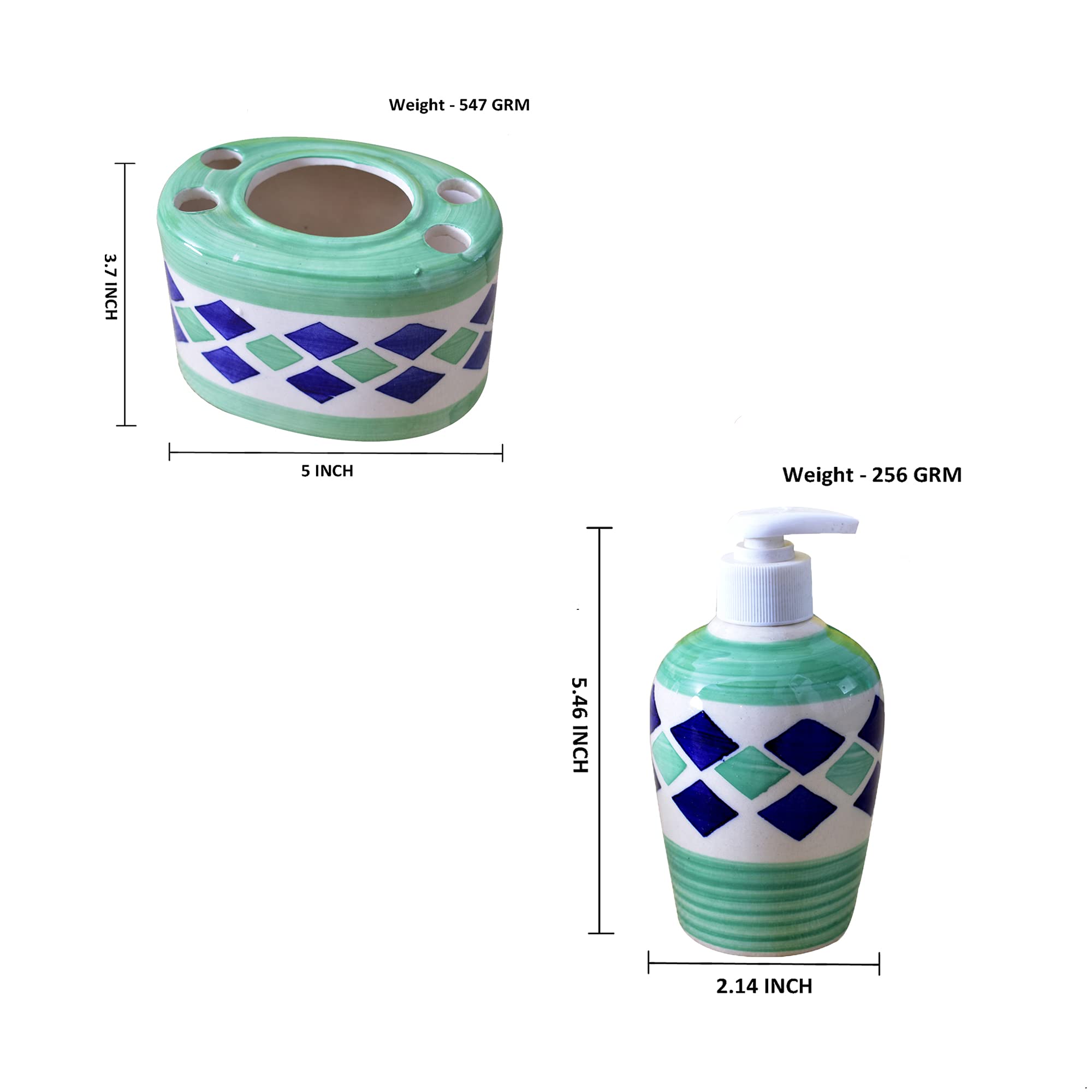 KunhaR Ceramic Bathroom Accessory Set, Green (Liquid Soap Dispenser and Toothbrush Holder)