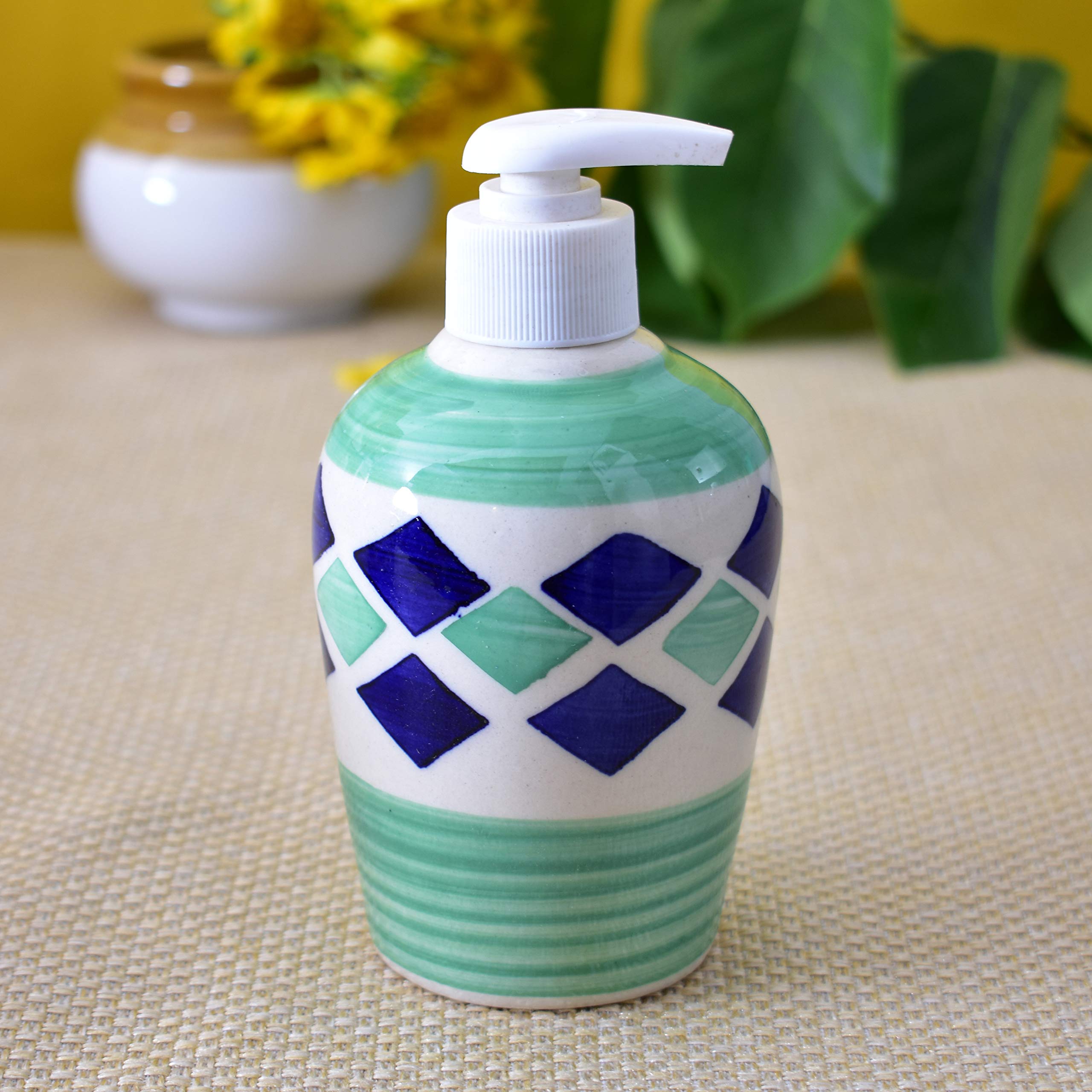 KunhaR Ceramic Bathroom Accessory Set, Green (Liquid Soap Dispenser and Toothbrush Holder)