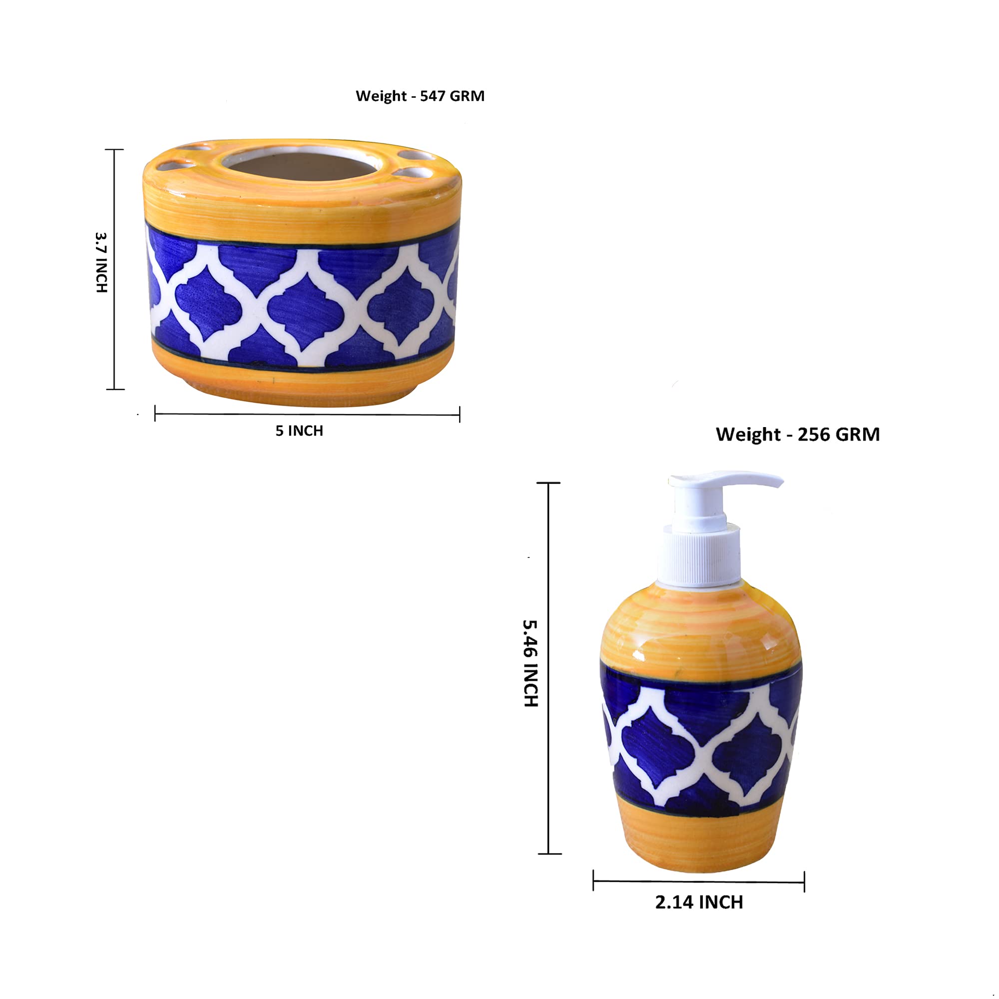 KunhaR Ceramic Bathroom Accessory Set, Yellow Blue, Liquid Soap Dispenser and Toothbrush Holder