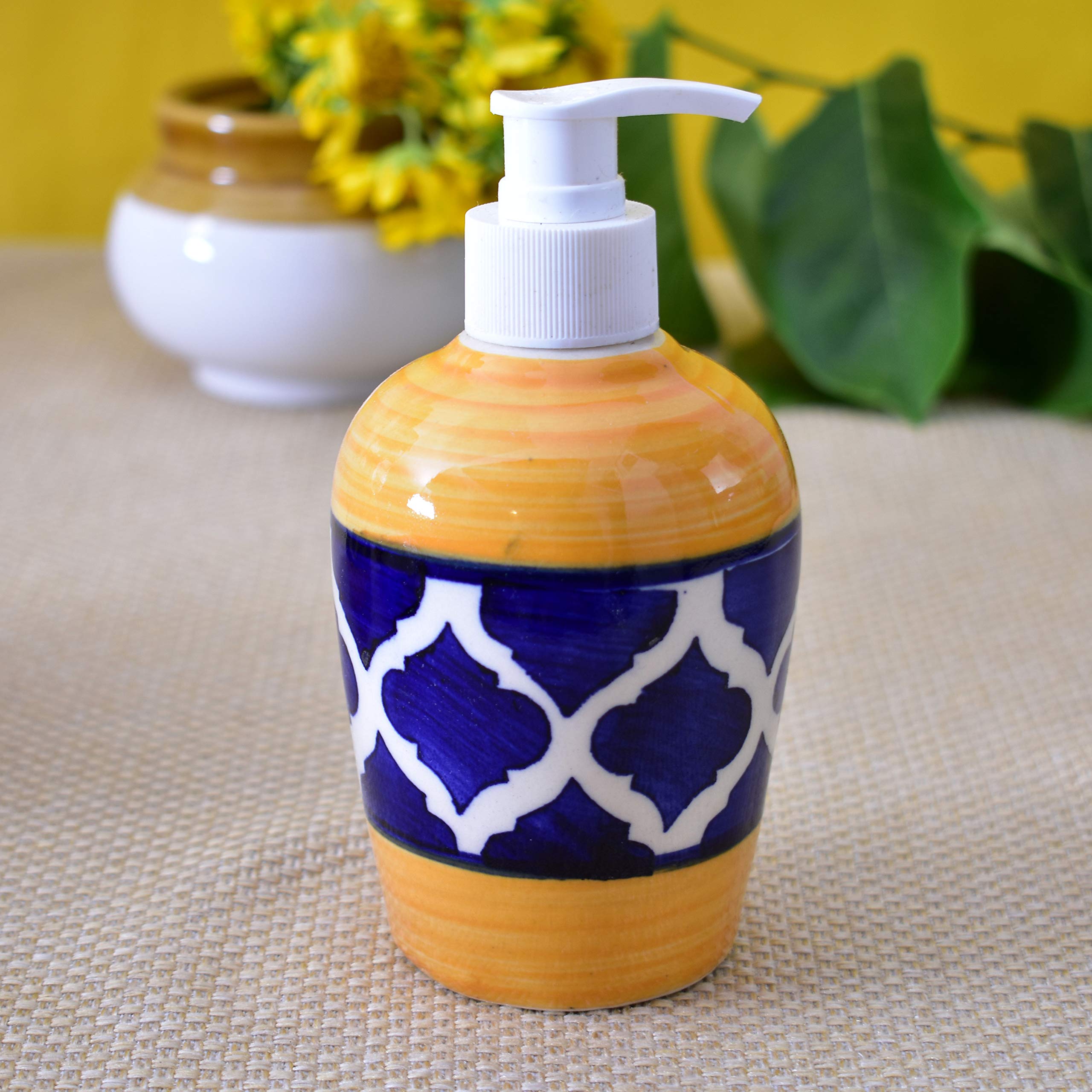 KunhaR Ceramic Bathroom Accessory Set, Yellow Blue, Liquid Soap Dispenser and Toothbrush Holder