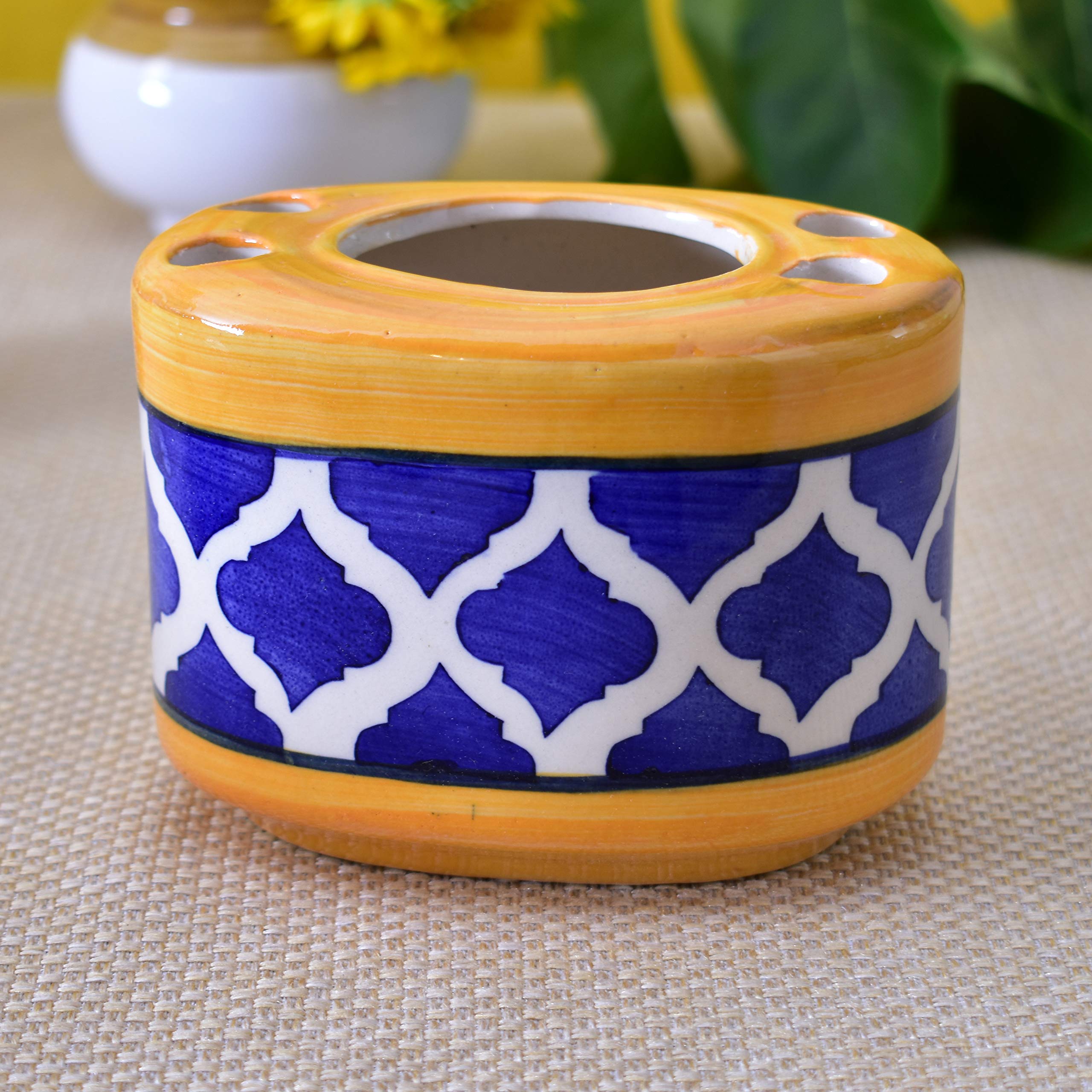 KunhaR Ceramic Bathroom Accessory Set, Yellow Blue, Liquid Soap Dispenser and Toothbrush Holder