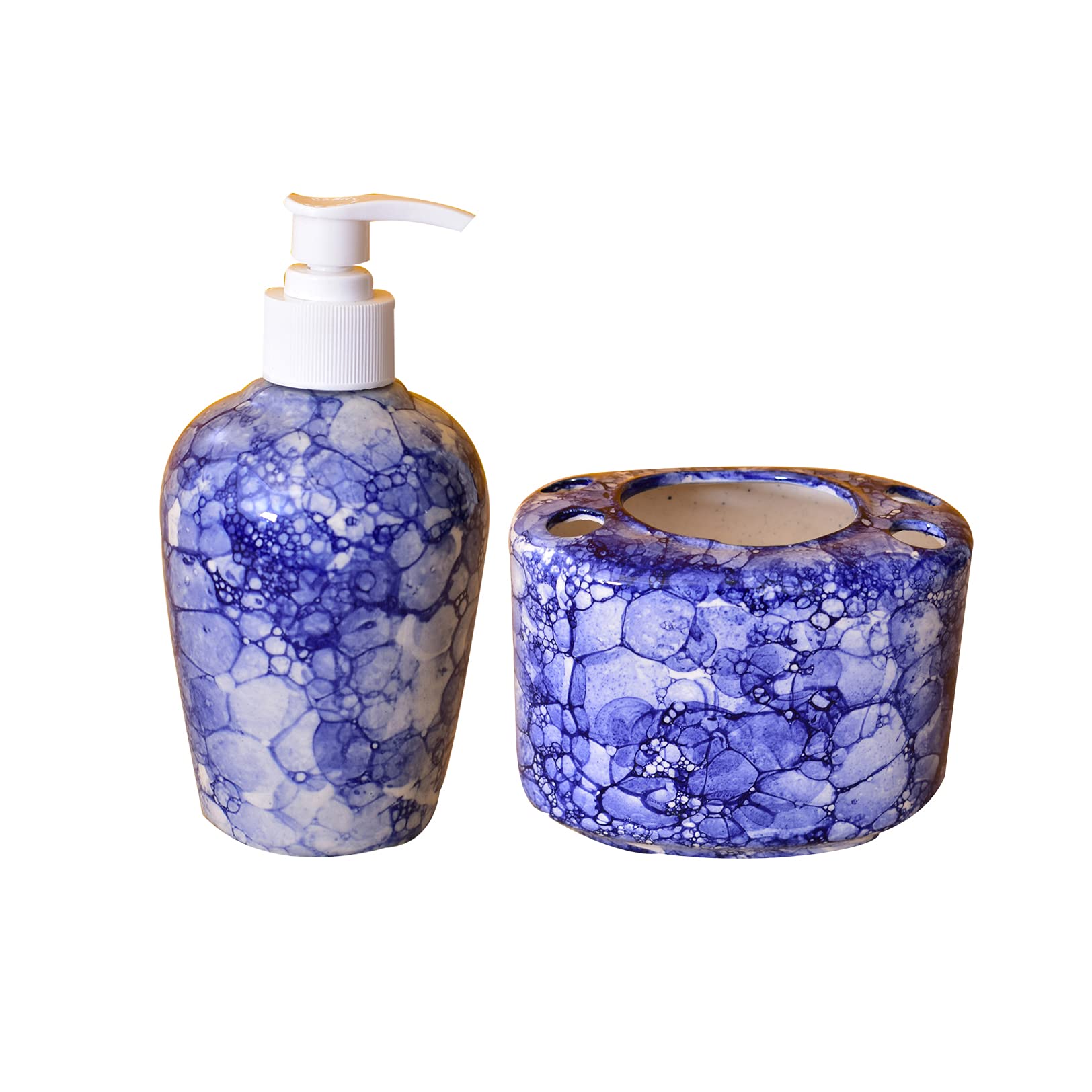 KunhaR Ceramic Bathroom Accessory Set, Blue Luster (Liquid Soap Dispenser and Toothbrush Holder)