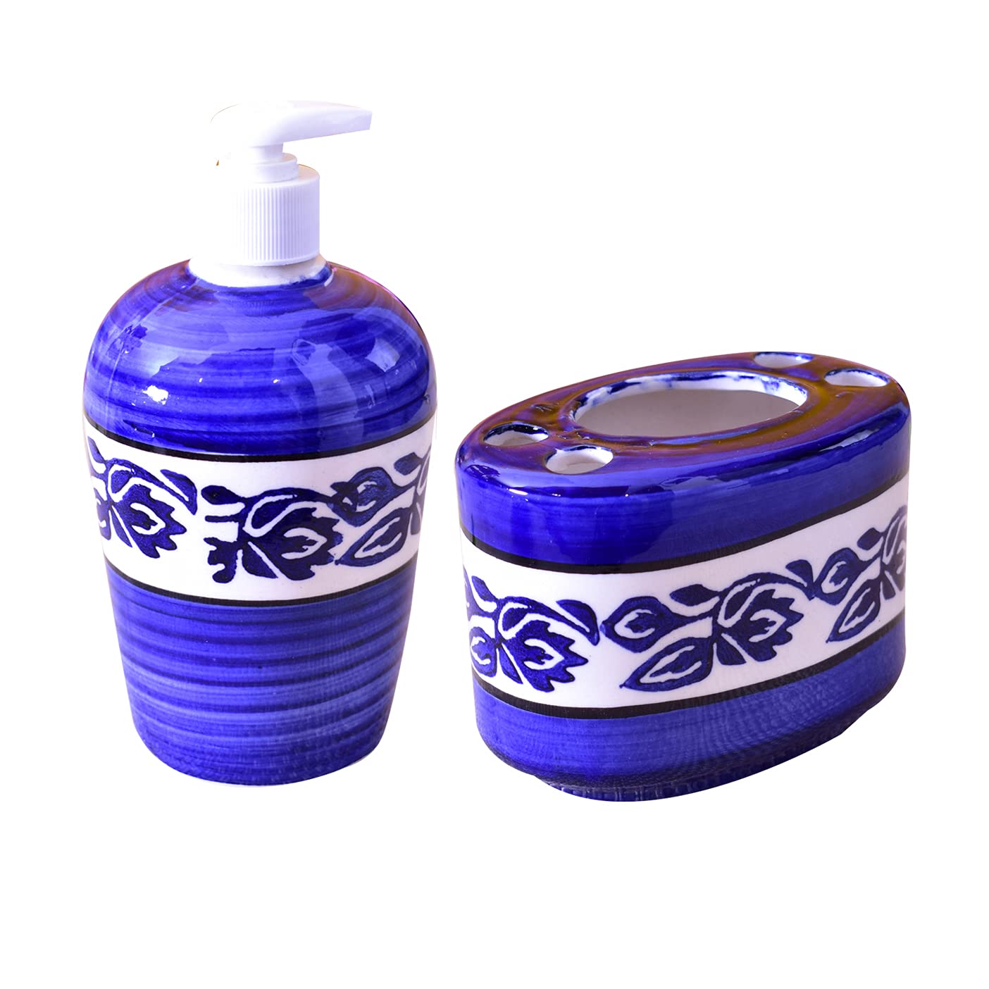 KunhaR Ceramic Bathroom Accessory Set, Blue (Liquid Soap Dispenser and Toothbrush Holder)