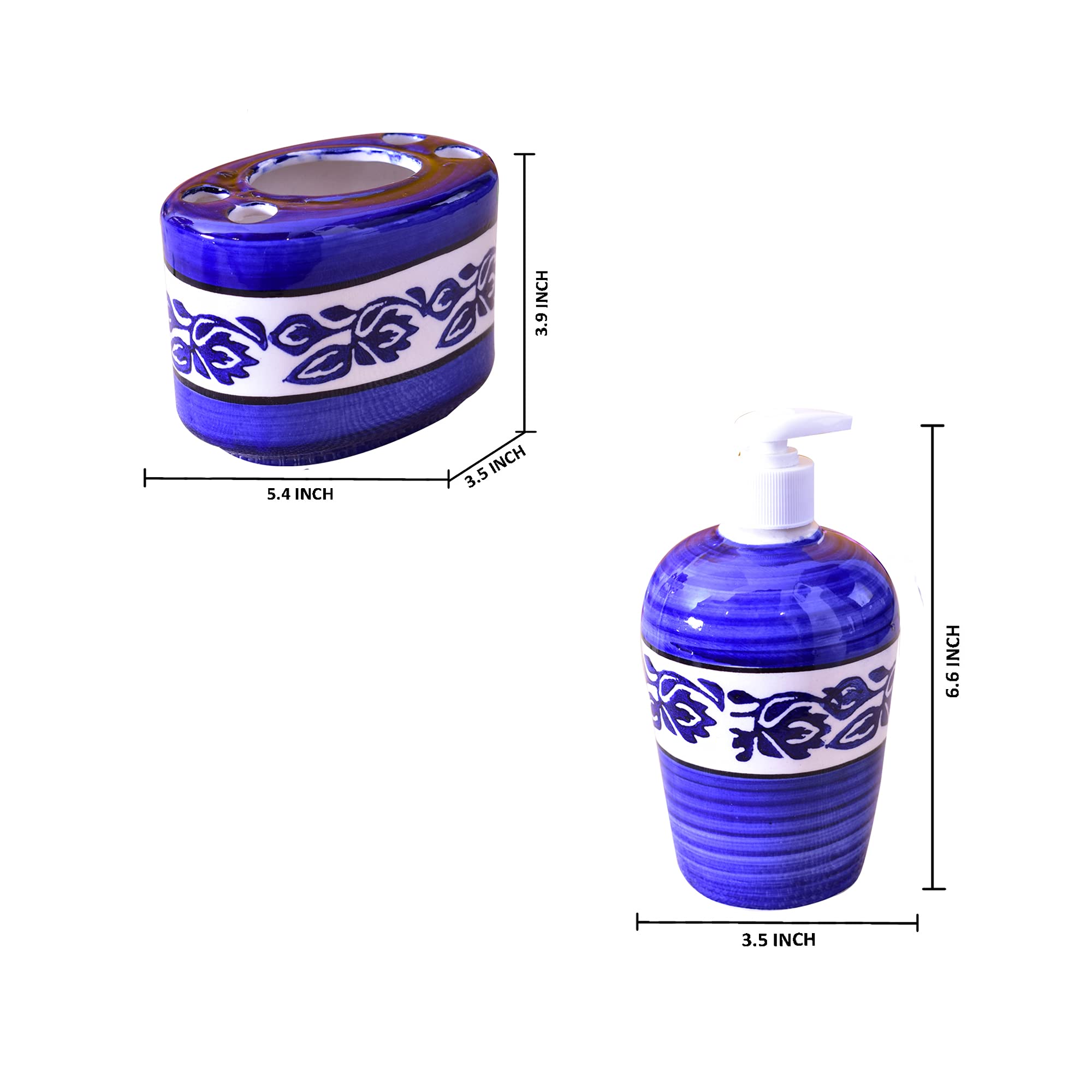 KunhaR Ceramic Bathroom Accessory Set, Blue (Liquid Soap Dispenser and Toothbrush Holder)