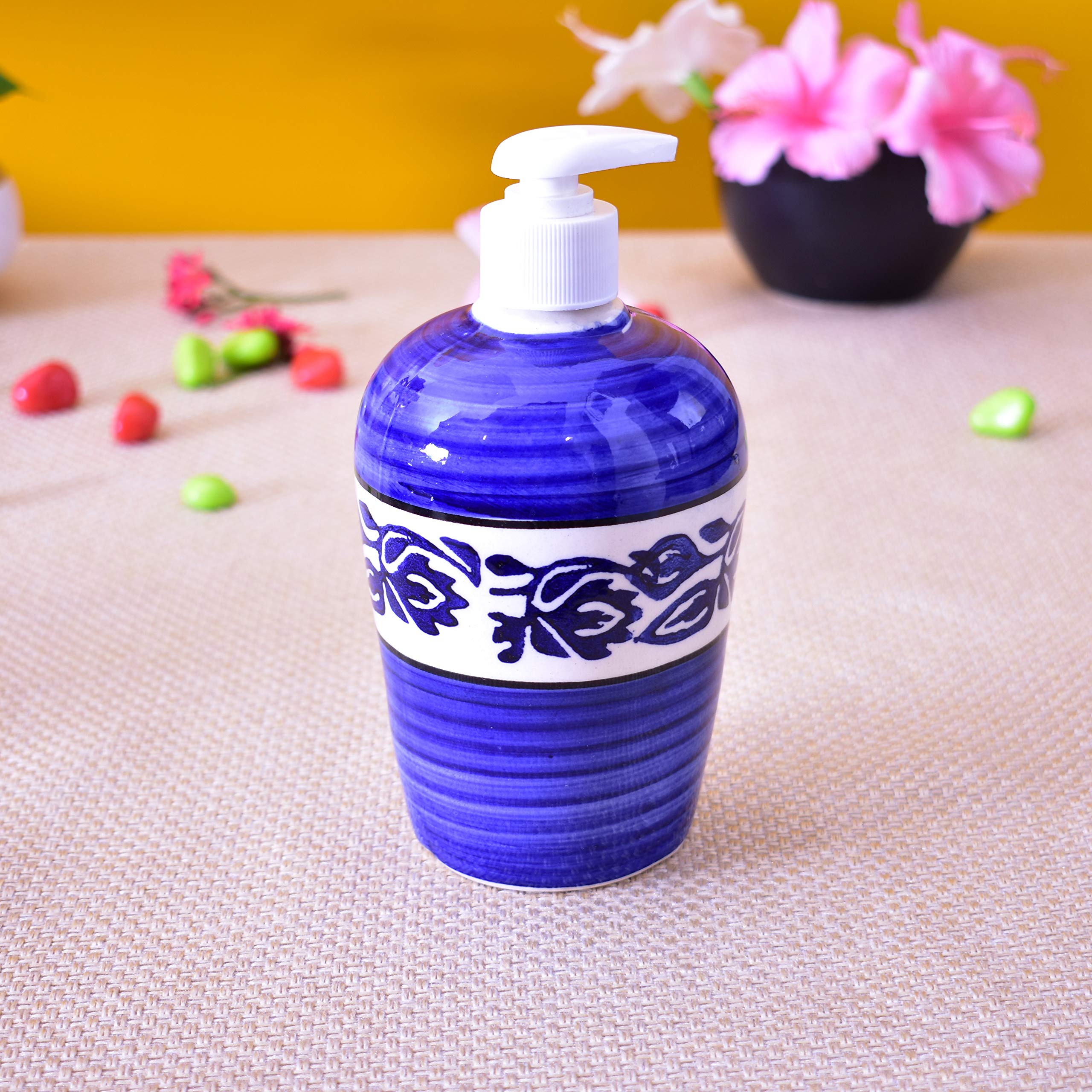 KunhaR Ceramic Bathroom Accessory Set, Blue (Liquid Soap Dispenser and Toothbrush Holder)