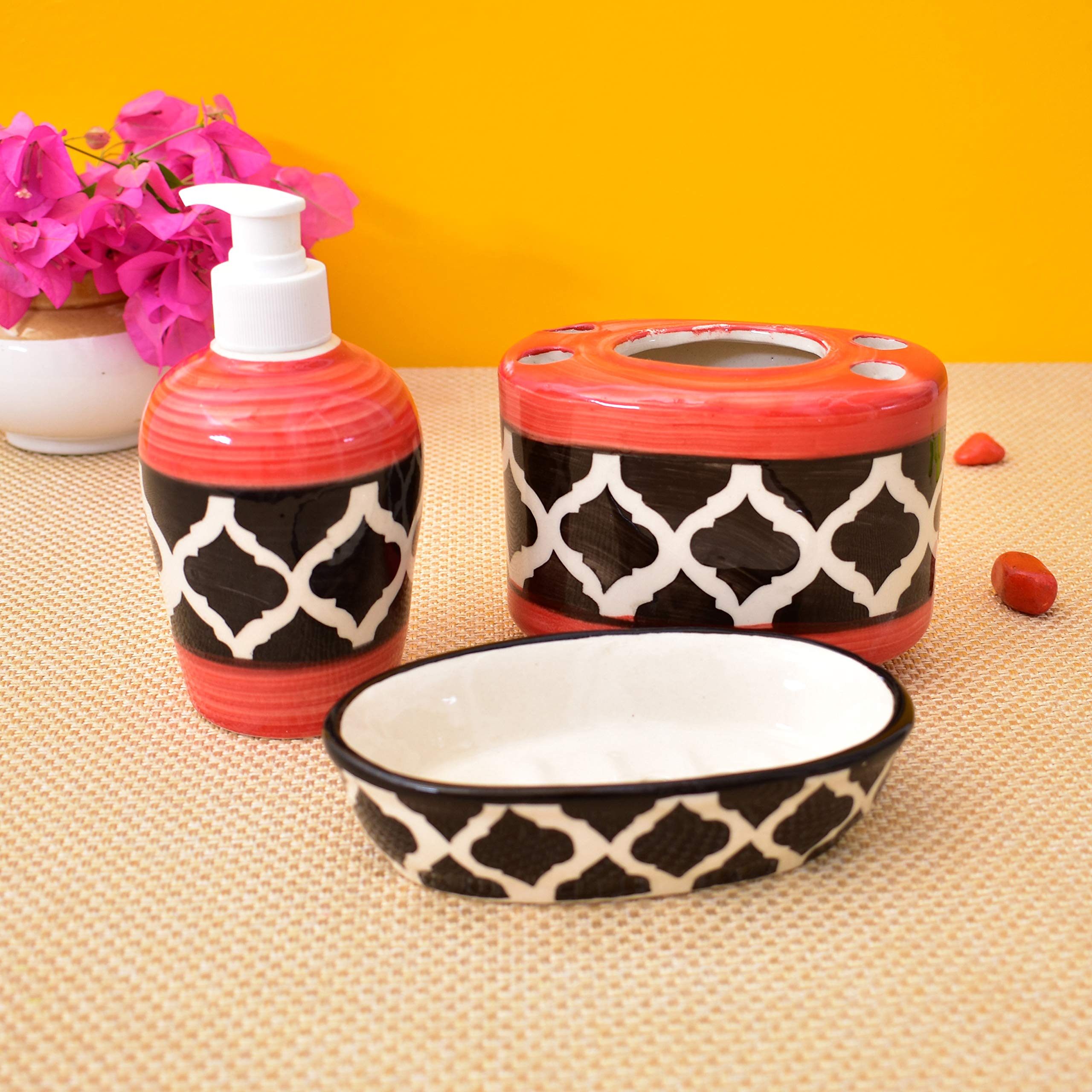 KunhaR Ceramic Bathroom Accessory Set, Red (Liquid Soap Dispenser, Soap Tray, Toothbrush Holder)