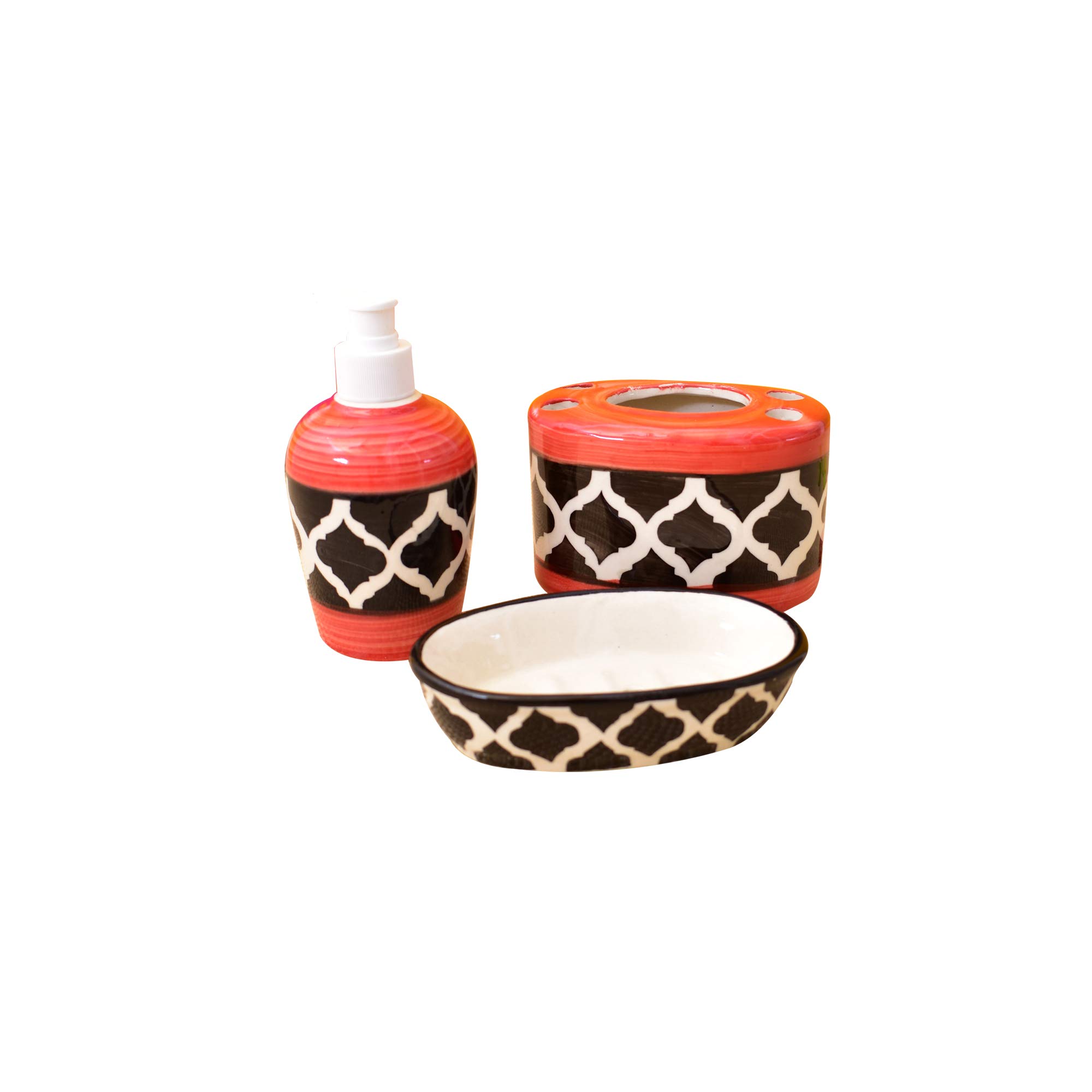 KunhaR Ceramic Bathroom Accessory Set, Red (Liquid Soap Dispenser, Soap Tray, Toothbrush Holder)
