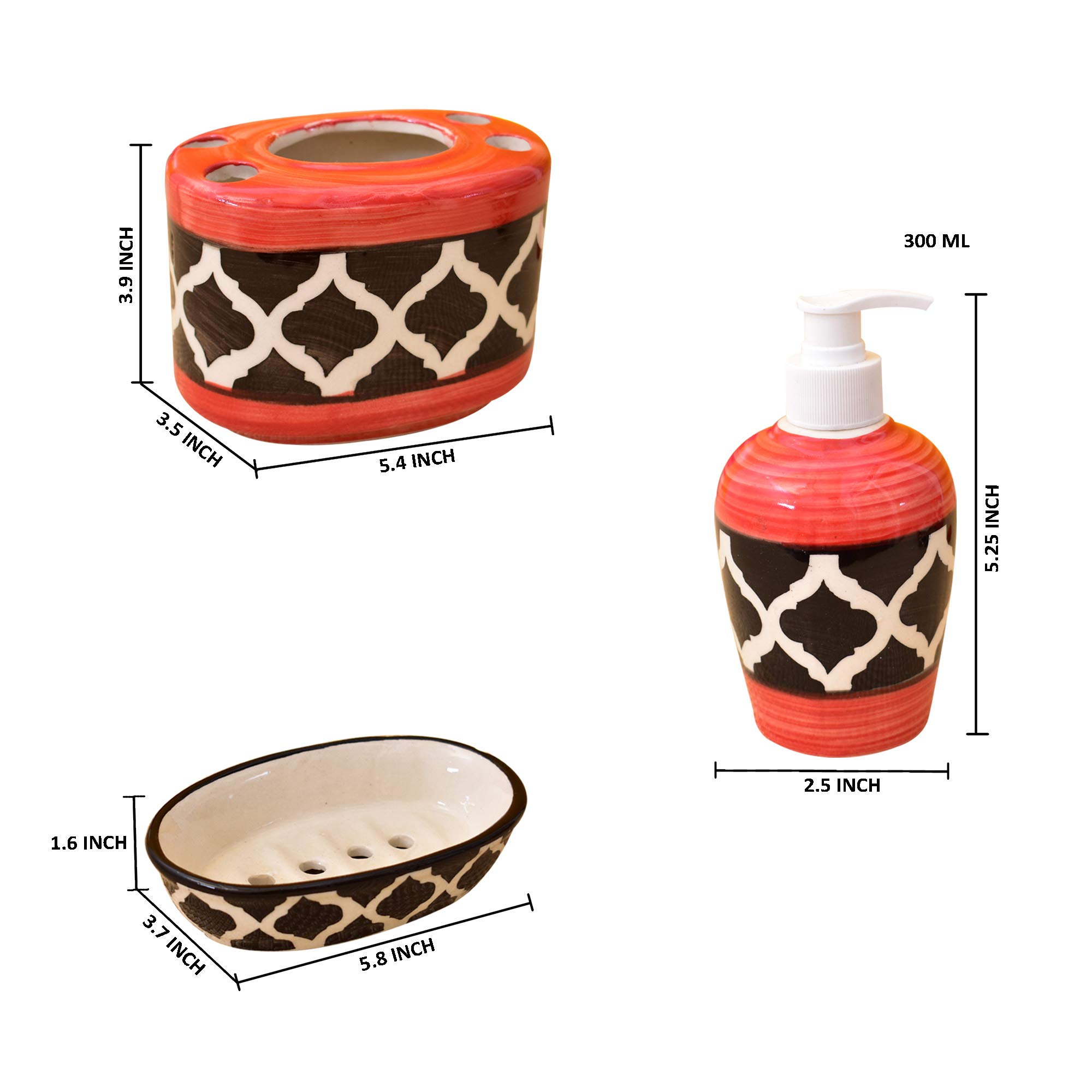 KunhaR Ceramic Bathroom Accessory Set, Red (Liquid Soap Dispenser, Soap Tray, Toothbrush Holder)