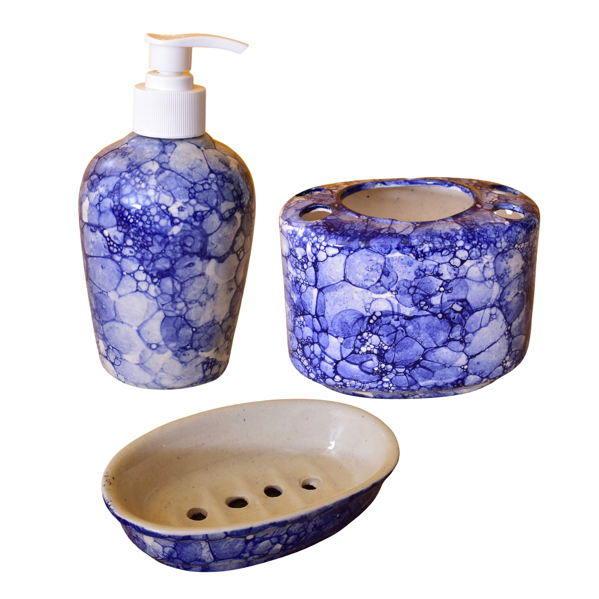 KunhaR Ceramic Bathroom Accessory Set, Blue-Luster (Liquid Soap Dispenser, Soap Tray, Toothbrush Holder)