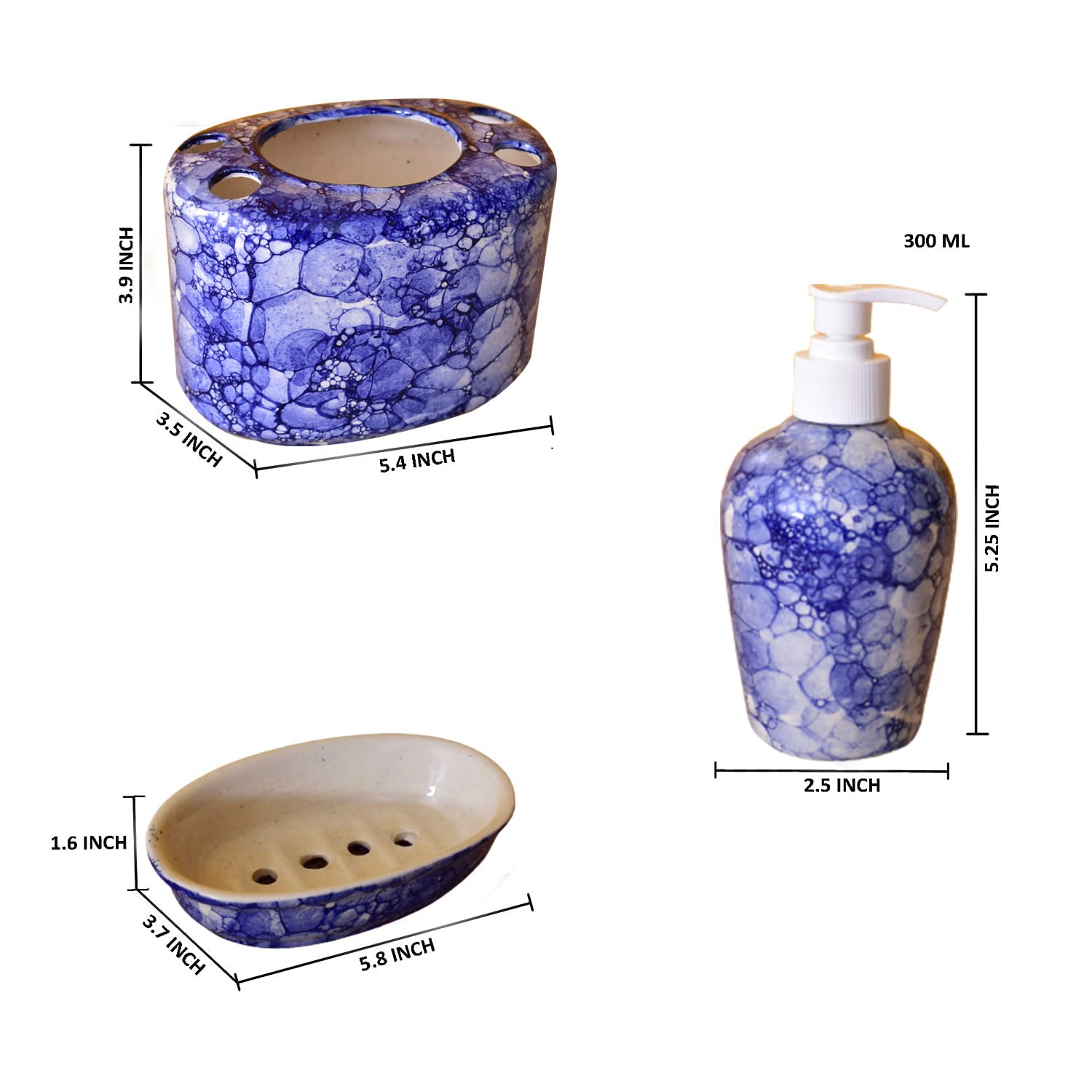 KunhaR Ceramic Bathroom Accessory Set, Blue-Luster (Liquid Soap Dispenser, Soap Tray, Toothbrush Holder)