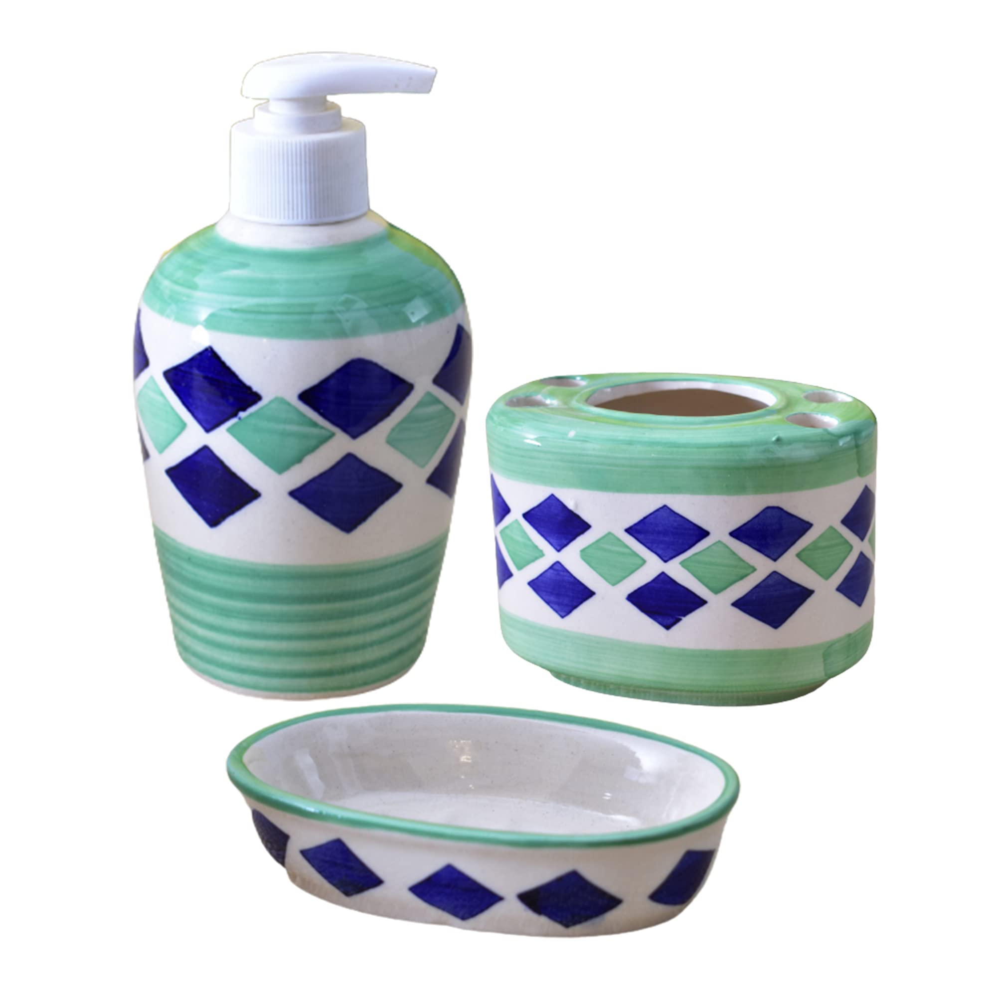 KunhaR Ceramic 3-Piece Bathroom Accessory Set, Green (Liquid Soap Dispenser 450 ML, Soap Dish Holder and Toothbrush Holder)