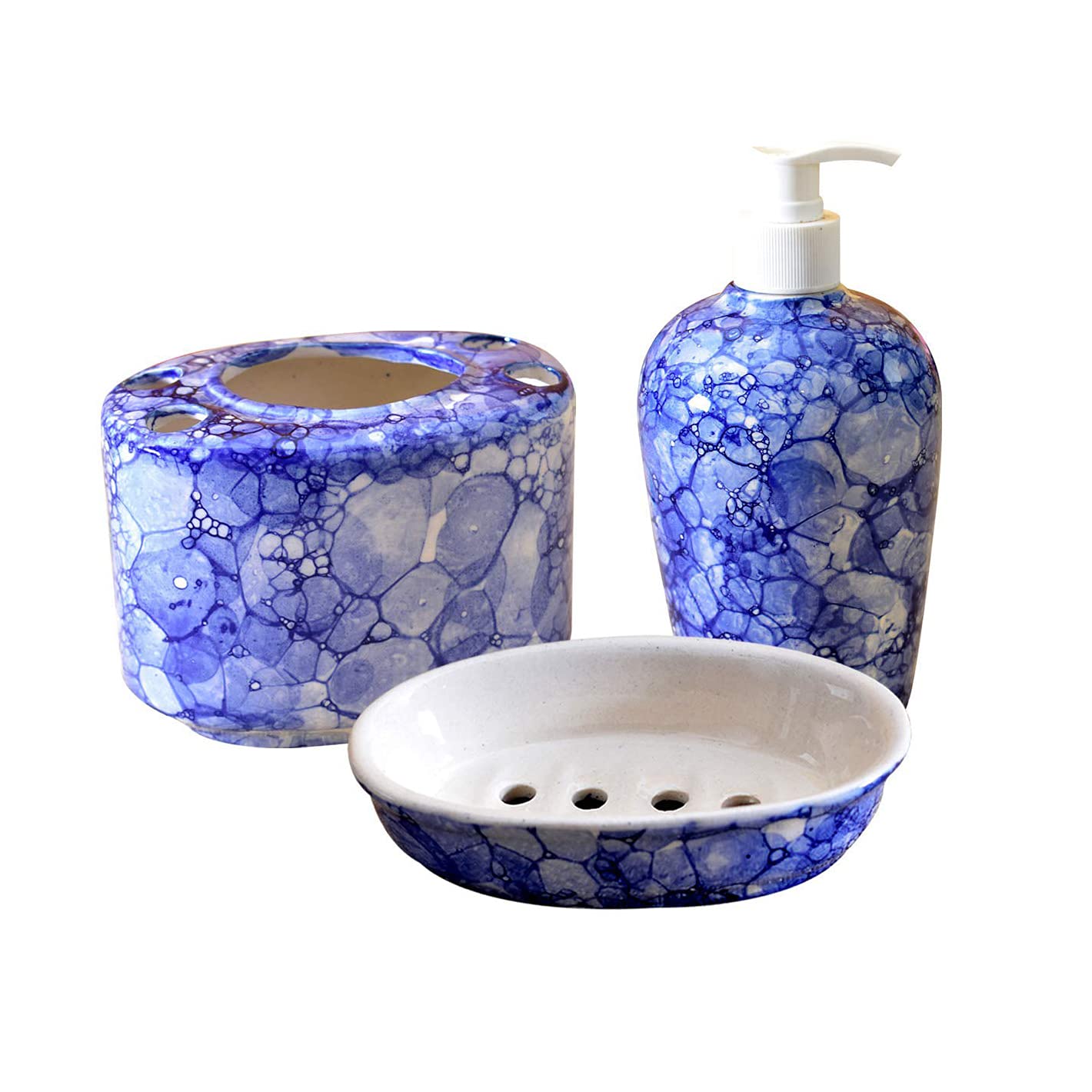 KunhaR Ceramic 3-Piece Bathroom Accessory Set, Blue-Luster (Liquid Soap Dispenser 450 ML, Soap Tray and Toothbrush Holder)