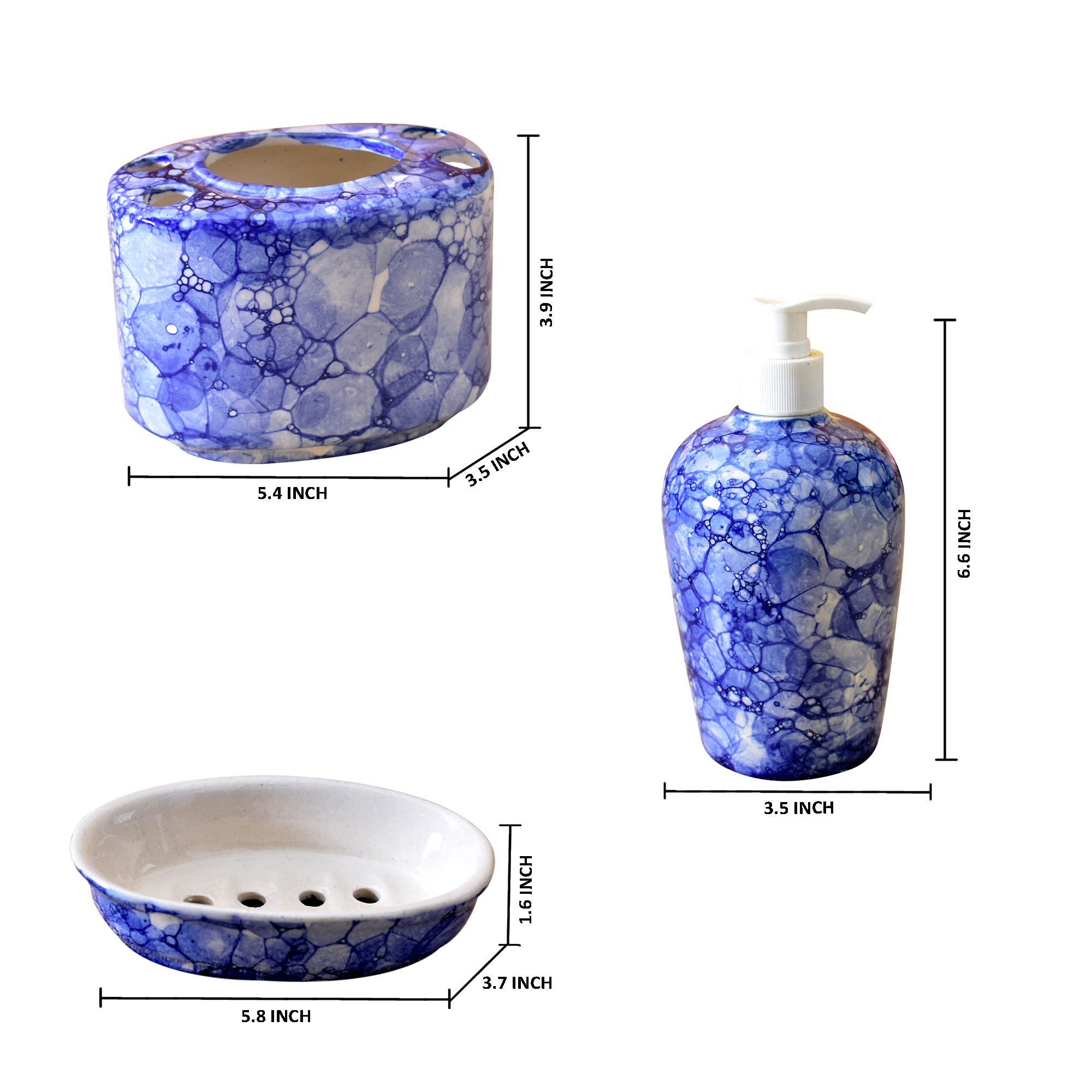 KunhaR Ceramic 3-Piece Bathroom Accessory Set, Blue-Luster (Liquid Soap Dispenser 450 ML, Soap Tray and Toothbrush Holder)