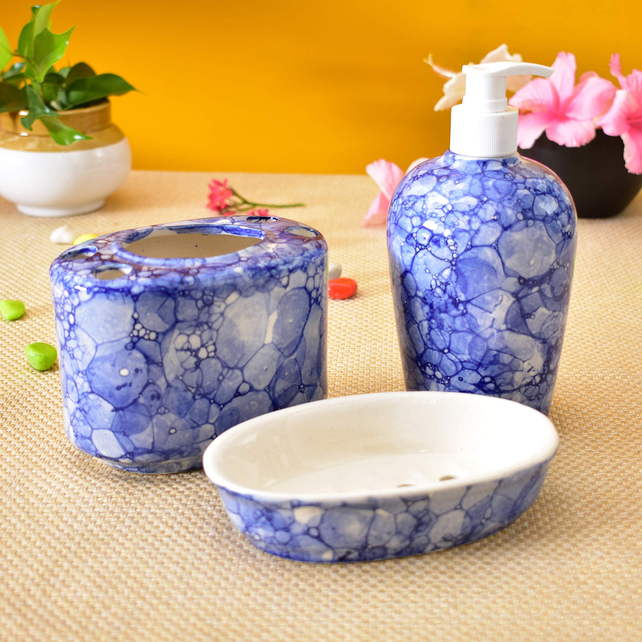 KunhaR Ceramic 3-Piece Bathroom Accessory Set, Blue-Luster (Liquid Soap Dispenser 450 ML, Soap Tray and Toothbrush Holder)