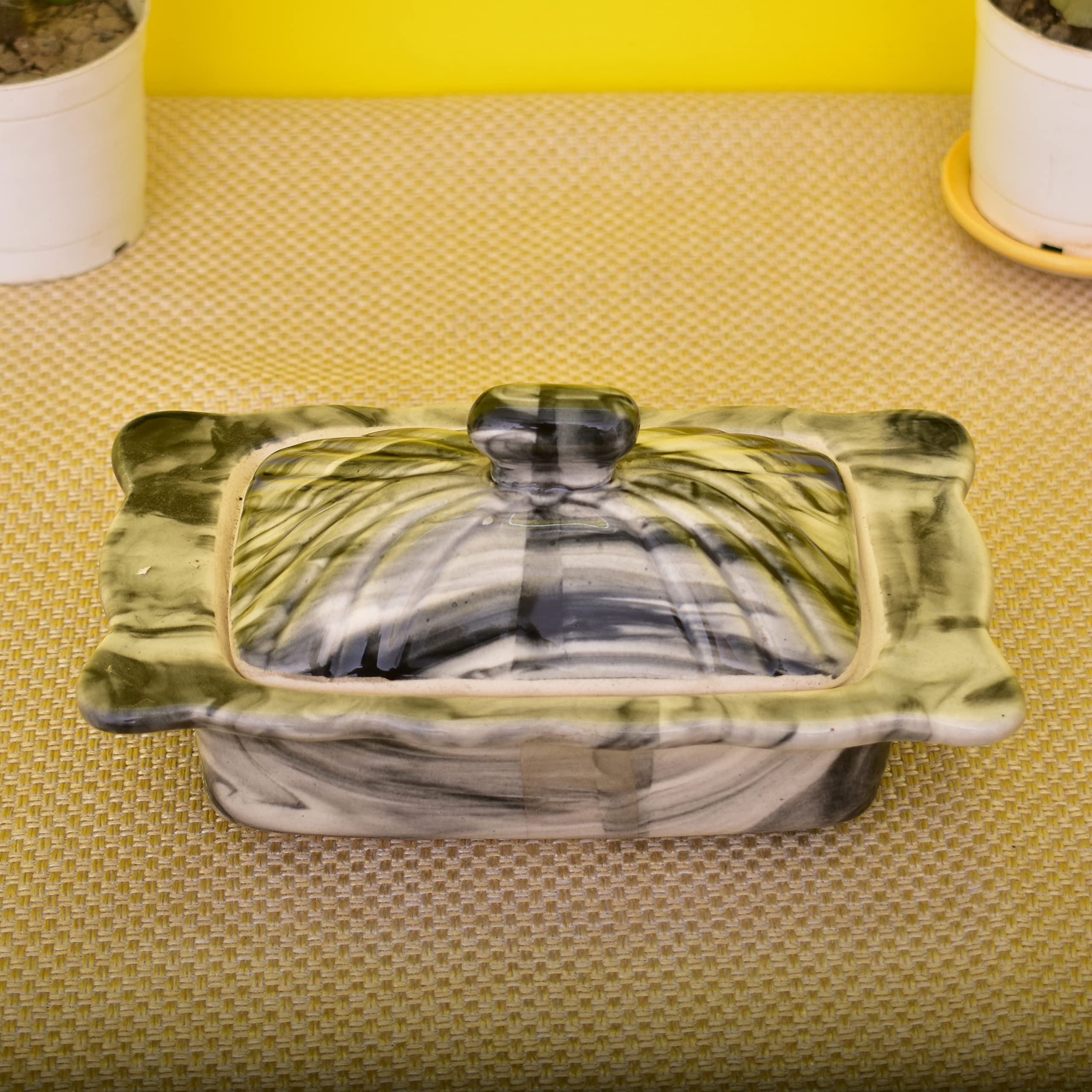 KunhaR Ceramic Butter Pot - 400 Ml, 1 Piece, Black Shine